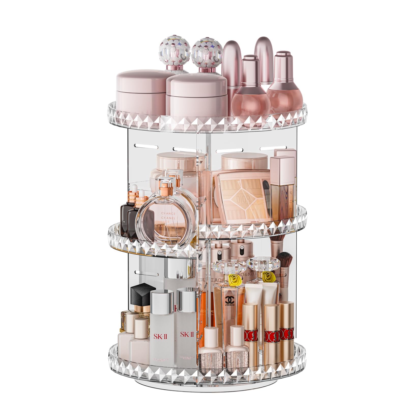 360° Rotating Makeup Organizer, Diamond Pattern DIY 5 Adjustable Layers Skincare Clear Cosmetics Organizer for Vanity Countertop with Perfume Tray