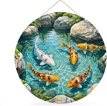 Welcome Sign Front Door Decorations, Golden White Fish Round Wall Art Outdoor Metal Wreaths, Summer Pond Botanical Lucky Seasonal Hanging Sign for Home Porch Decor Warming Gift 12 In