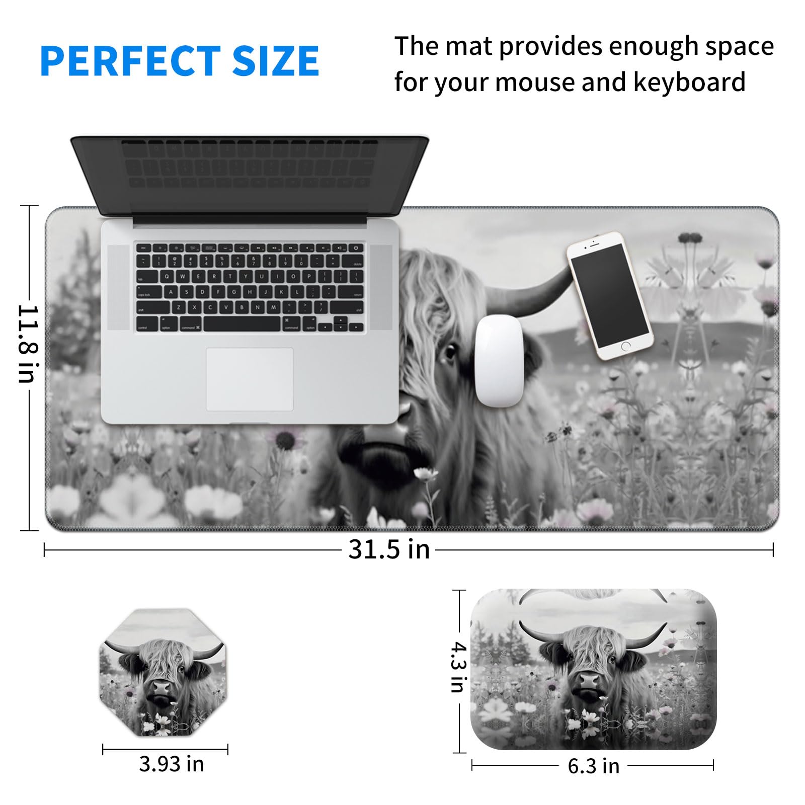 Alfombrilla de mouse grande para juegos + cojín de muñeca de mouse + posavasos, base de goma antideslizante negra, cojín ergonómico para la muñeca, alfombrilla de mouse extendida para el trabajo,