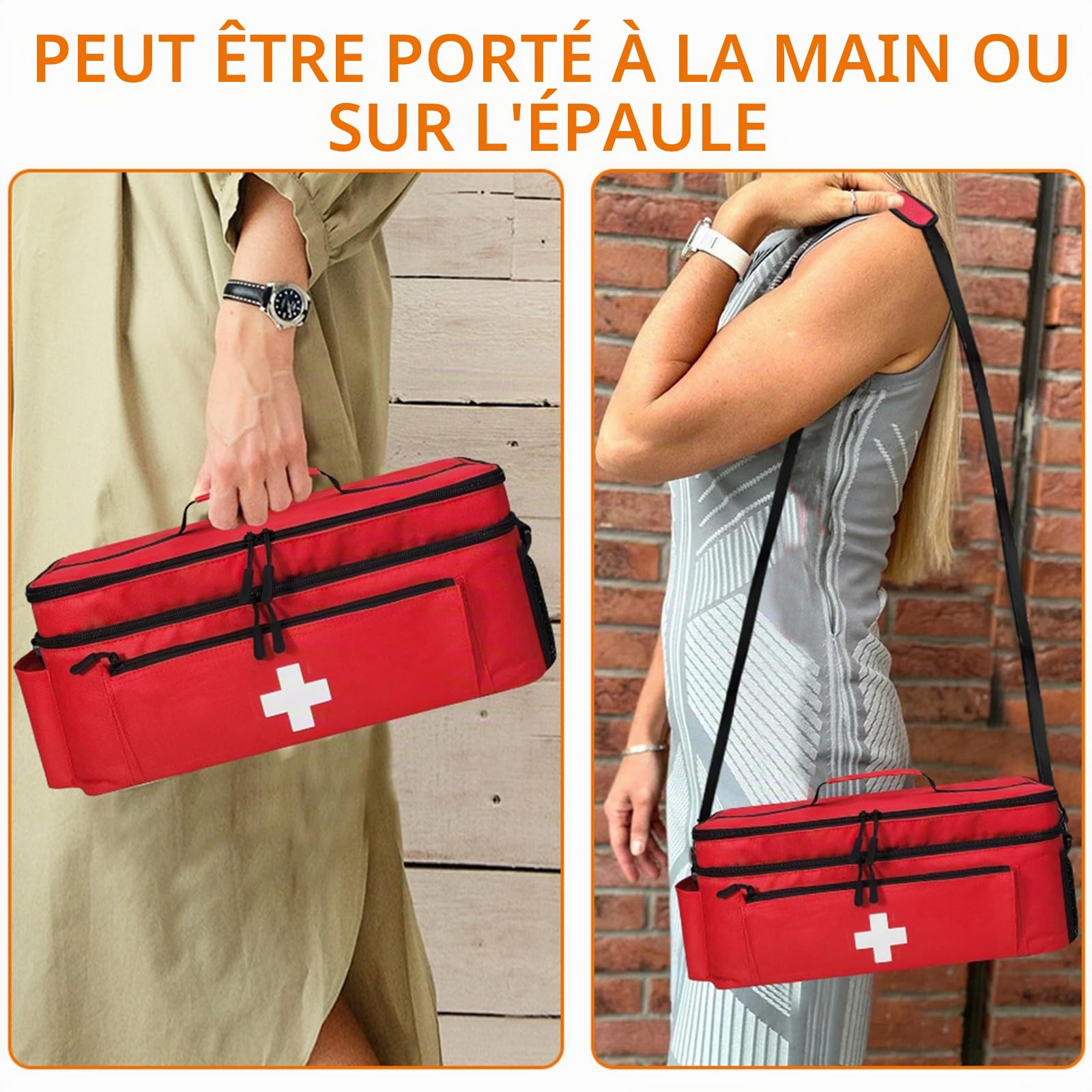 Sac médical portable étanche et résistant à l'usure avec bandoulière amovible, sac de premiers secours vide pour la maison, les voyages, les urgences, rouge (18 x 23 x 40 cm), rouge