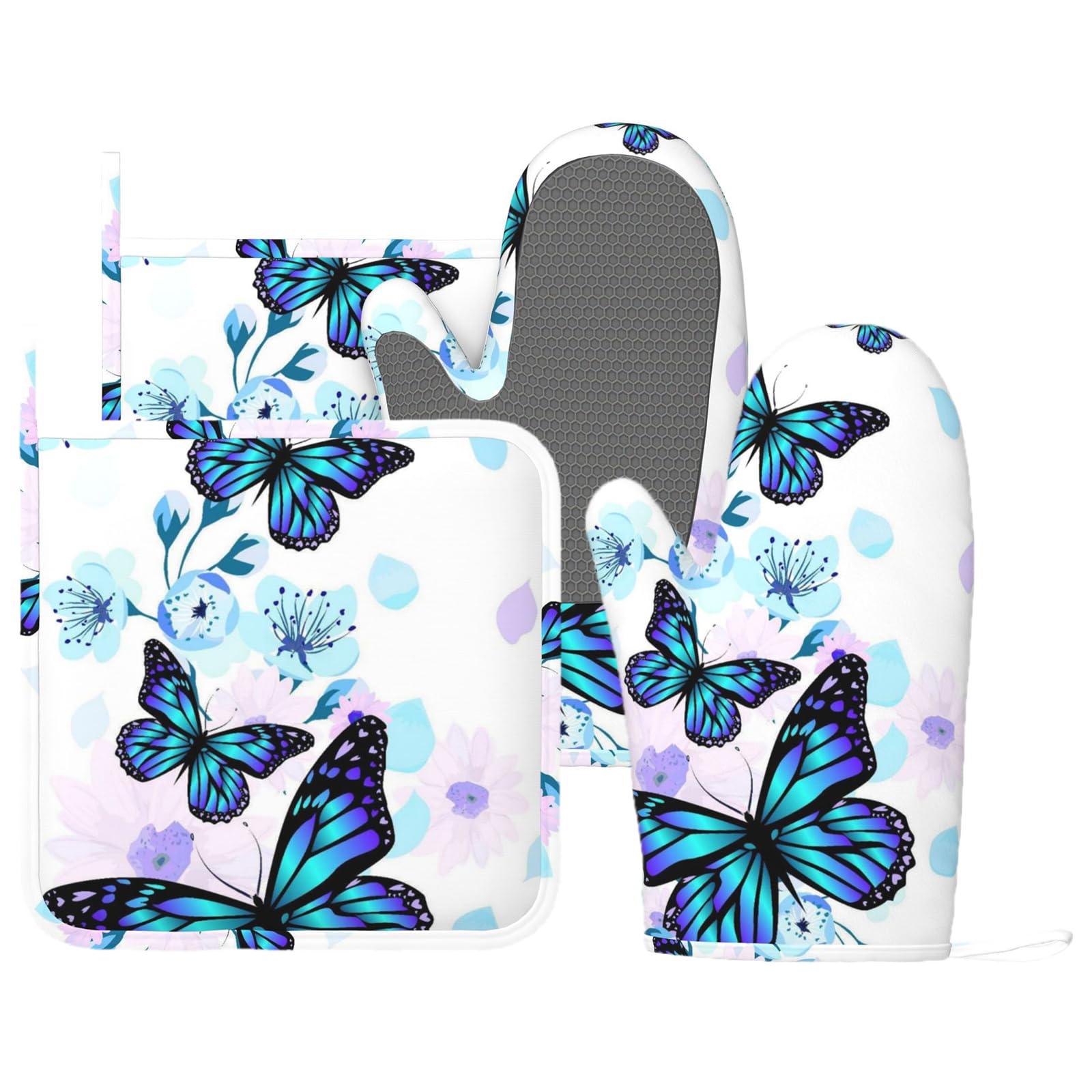 Lot de 4 gants de cuisine et maniques Motif papillon floral | Moufles de cuisine décoratives vintage en silicone avec motif plantes tropicales et animaux pour cuisine, pâtisserie