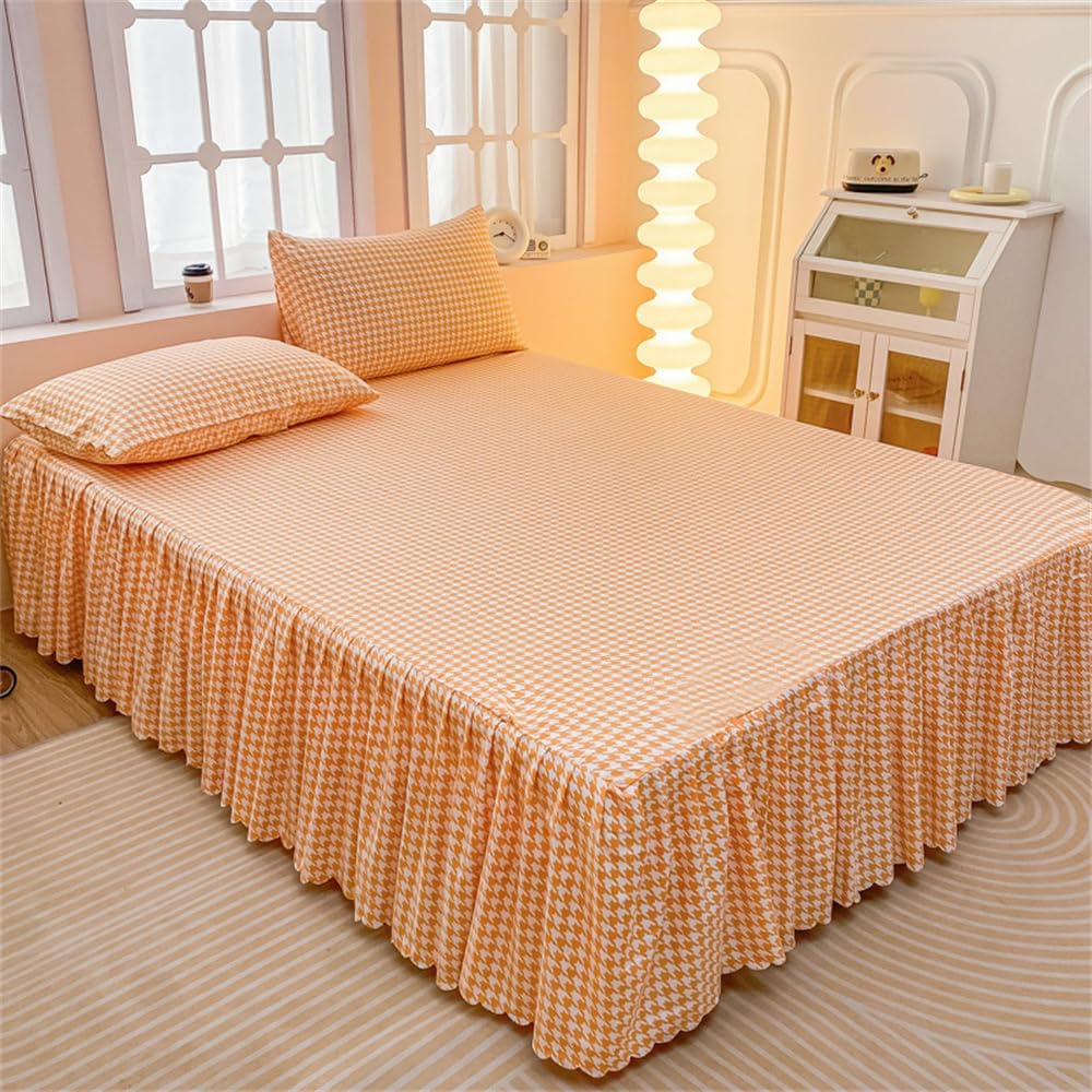Highdi Valance Fitted Sheet, Soft Elastic Bed Skirt Plaid Stripes Extra Deep Frilled Wrap Around Bedding Sheets for Single Double King Size Bed -Easy Care Frill 40 cm (Orange plaid,180x200cm)