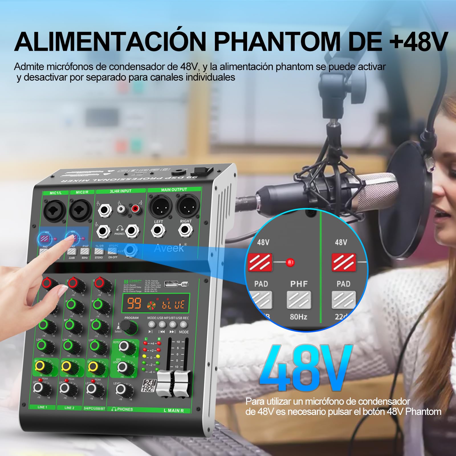 Aveek Mezclador de Audio,Mesa de Mezclas Profesional con USB/Bluetooth/Ordenador/Mezclador DJ de 4 Canales de Entrada Estéreo,48V Phantom Power 99 Efecto DSP para PC Estudio de Grabación Streaming