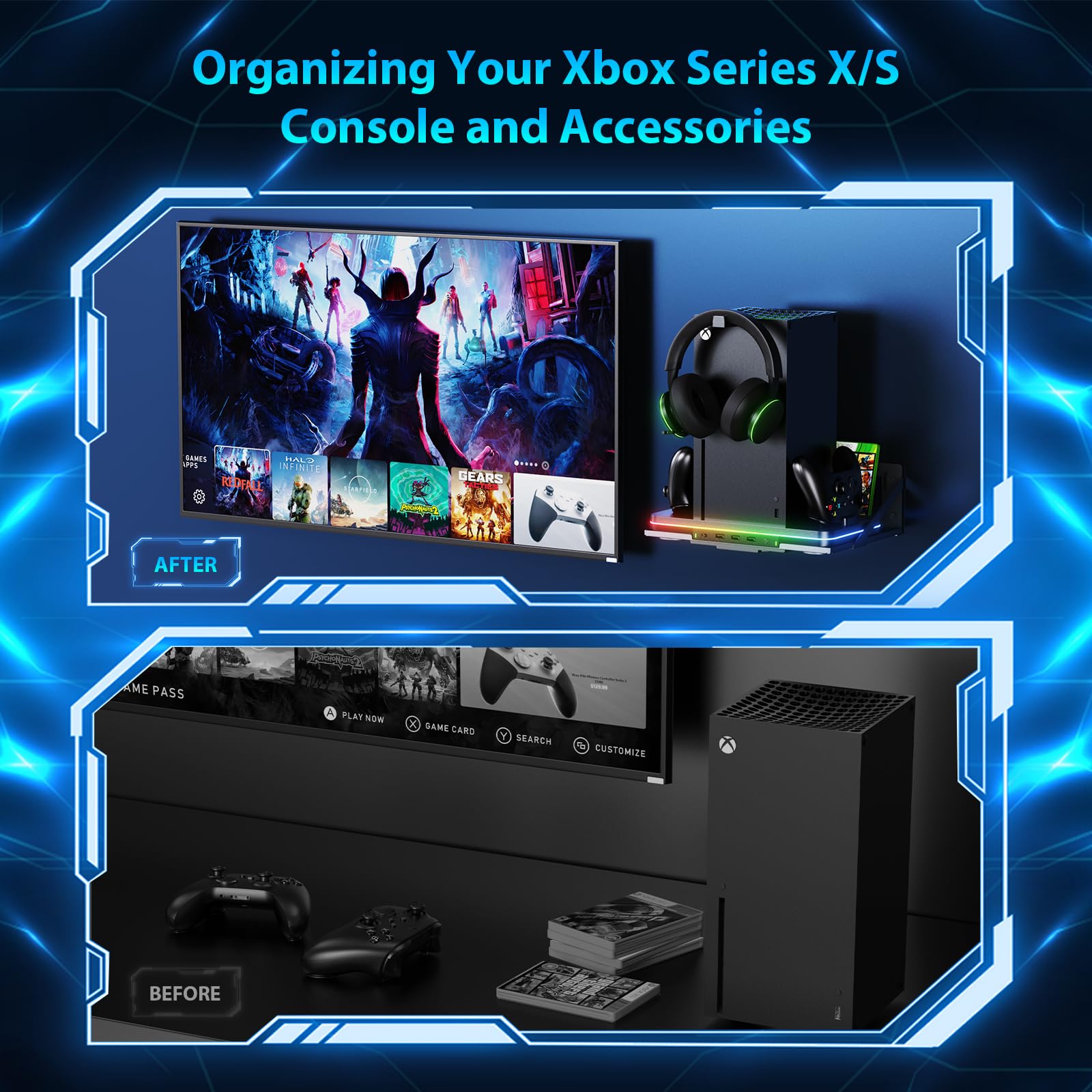 Soporte de pared con ventilador de refrigeración para Xbox Series X/S, estación de carga vertical de doble controlador con 2 baterías recargables de 1100 mAh para accesorios de consola Xbox, 3 puertos