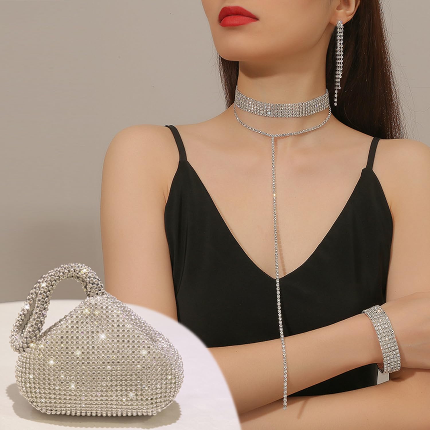 EIELO Rhinestone Jewelry Set for Women Wedding Bridal Triangle Clutch Bag Silvery Clutch Purse Glitter Choker Necklace Tennis Stretch Bracelets Ring Dangle Fringe Earrings Set - Image 3