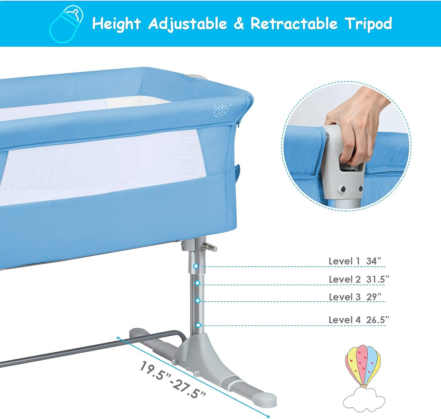 BABY JOY Baby Bedside Crib, Portable Travel Sleeper Bed Side Bassinet w/Carrying Bag, Newborn Bassinet to Infant, Kids Crib with Detachable Mattress, Height Adjustable Design, Breathable Mesh, Blue