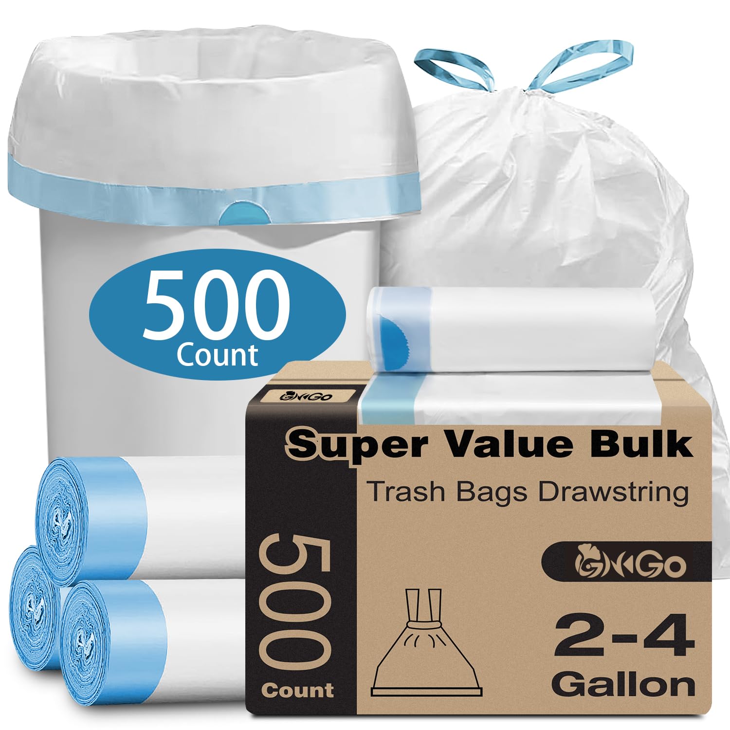 Bolsas de basura pequeñas de 2 a 4 galones, 500 bolsas de basura con cordón a granel, mini bolsas de basura de plástico para baño, oficina, dormitorio, basurero