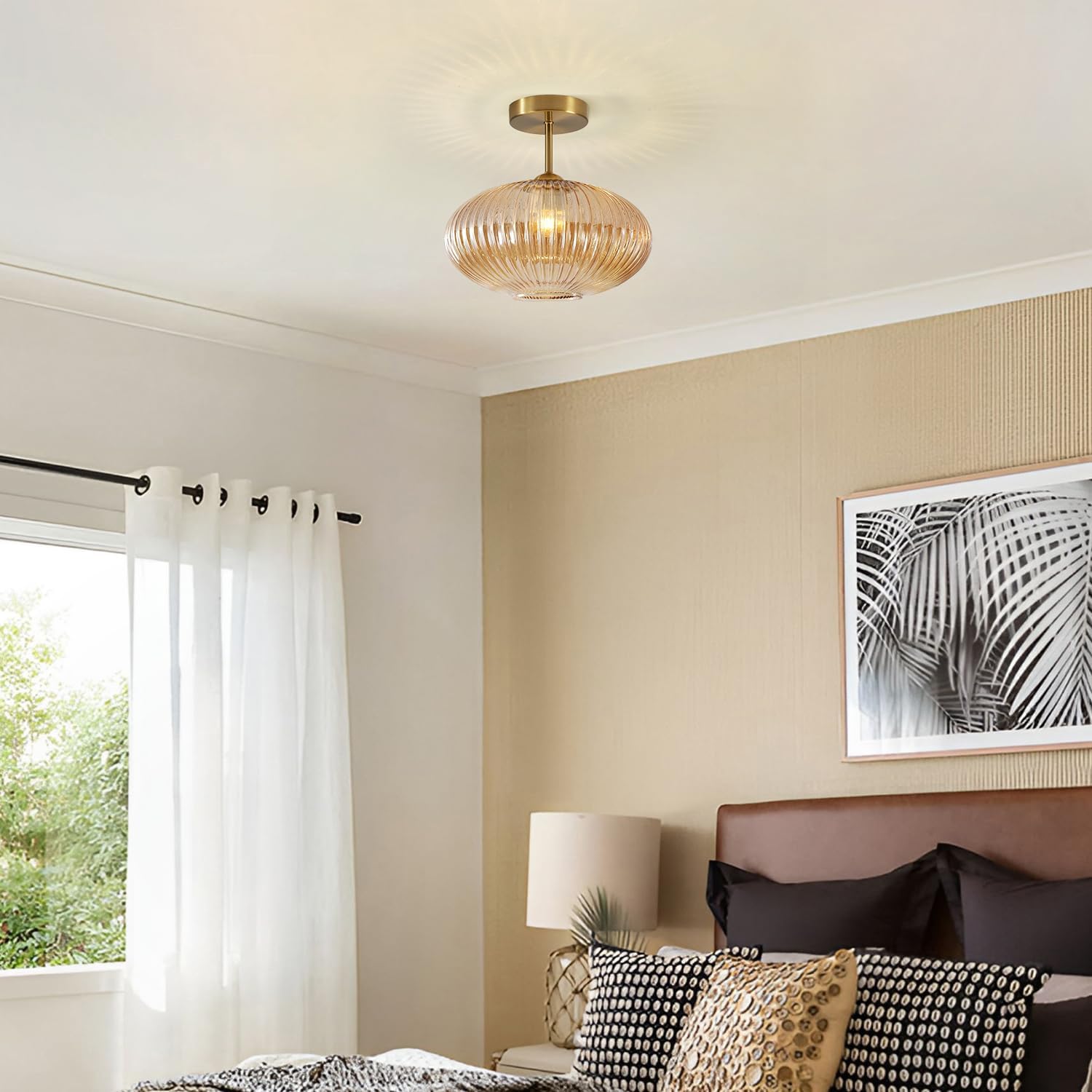 BOKT Vintage Brushed Brass Semi Flush Mount Ceiling Light Amber Ribbed Glass Pendant Light Mid Century Modern Gold Close to Ceiling Light Fixture for Indoor Use 9.8"