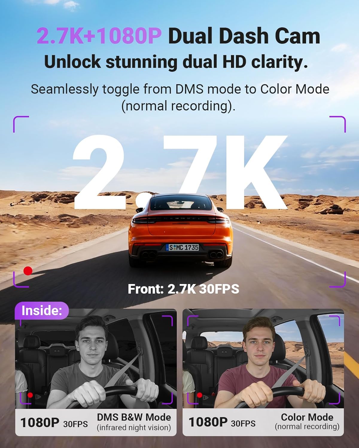 Vantrue S1 Pro DMS AI Dash Cam Front and Inside, ADAS, DMS, 2.7K 2 Channel Dash Camera, STARVIS 2 Dashcam, HDR Night Vision, 5G WiF i& GPS, APP/Voice Control, 24/7 Parking Mode, 1TB Max