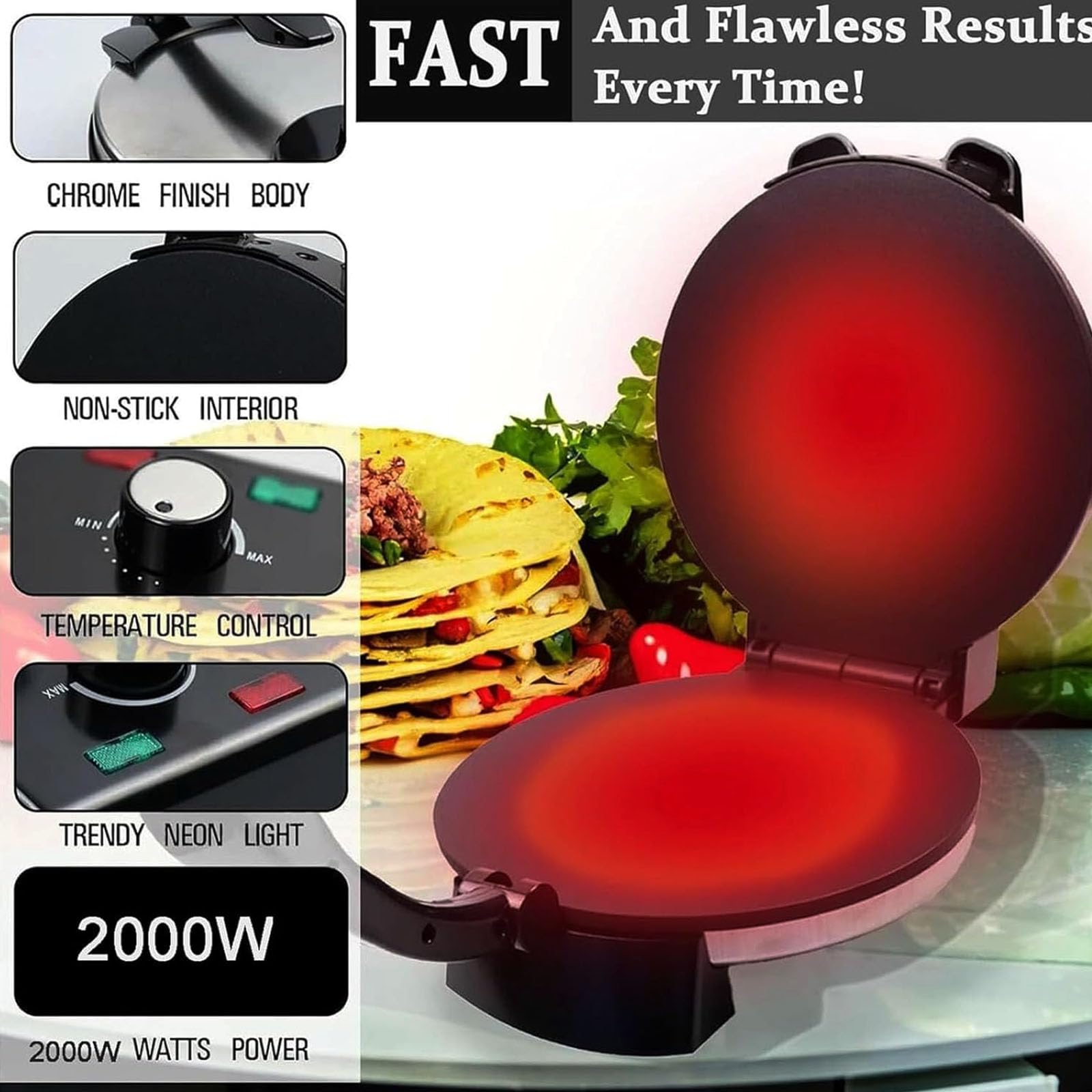 Maker De Roti Elektrische Tortilla-Maschine mit 2100 W, antihaftbeschichtet, 30,5 cm (12 Zoll), mit einstellbarer Temperatur, doppelseitige Erwärmung für Pizza, Pita, Quesadillas und Mor