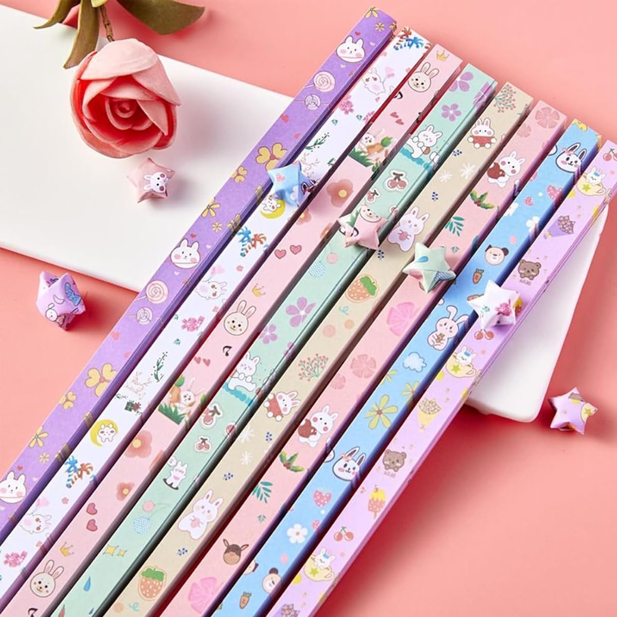 HASTHIP® 2160Pcs Origami Art Papers for Making Origami Lucky Star Cute Kawaii Printed Origami Art Lucky Star Papers with 4 Designs, Origami Art Paper Star Making Kit, 8.66''/22cm Per One 3