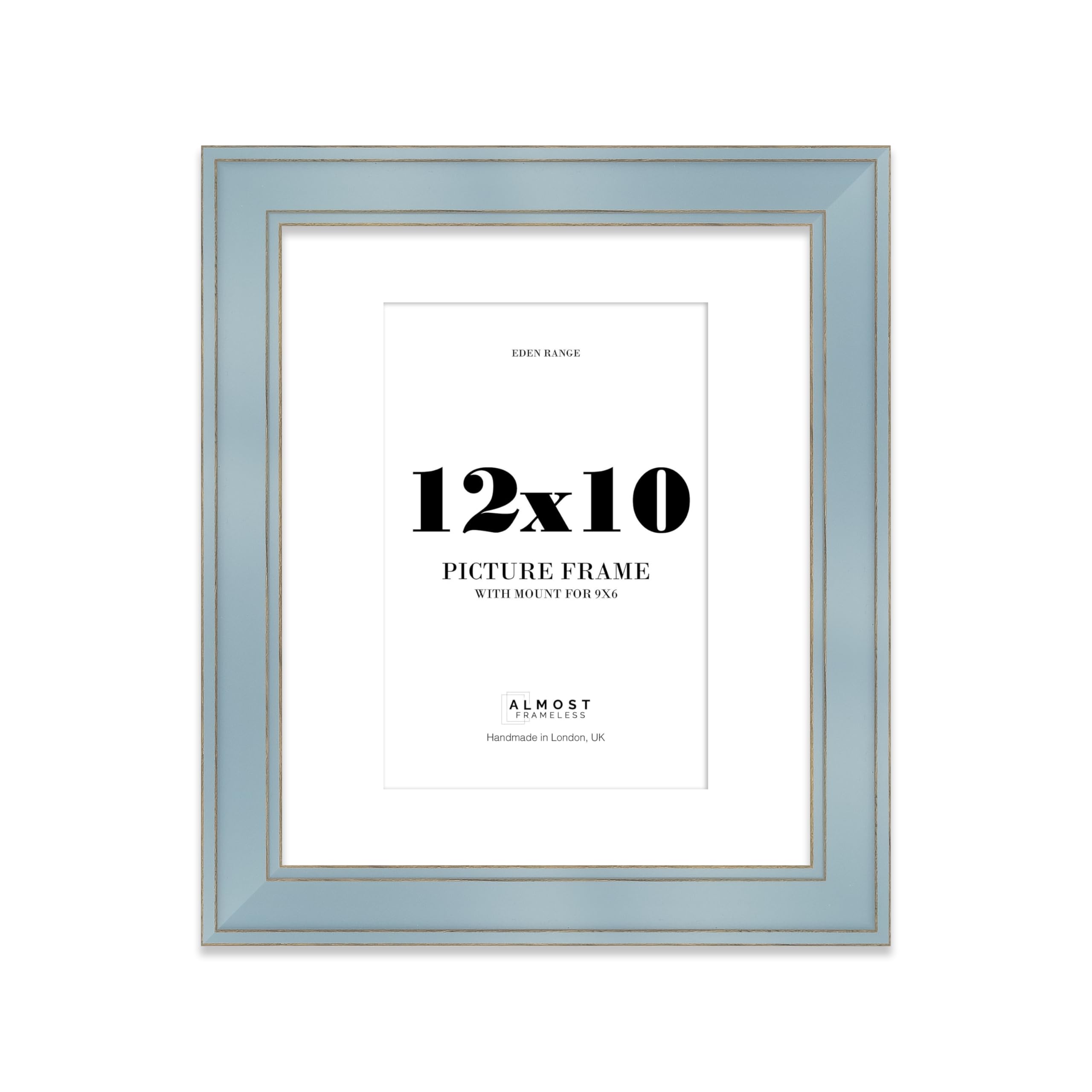 12x10" Cornflower Blue Picture Frame with 9x6" Mount - Shabby Chic Photo Frame with Distressed Finish, Gold Trim, Wall Hooks and Kickstand, 37mm Edge - 1 Pack