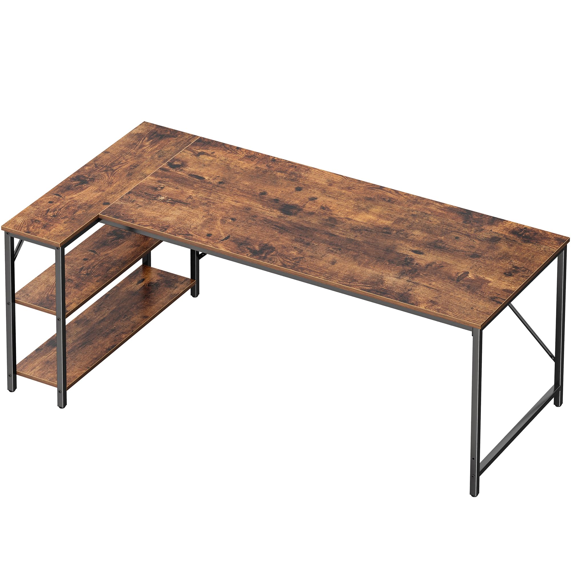 Huuger L Shaped Desk, 63 Inches Computer Desk with Reversible Storage Shelves, for Gaming Corner Home Office Writing Study, Metal Frame, Rustic Brown