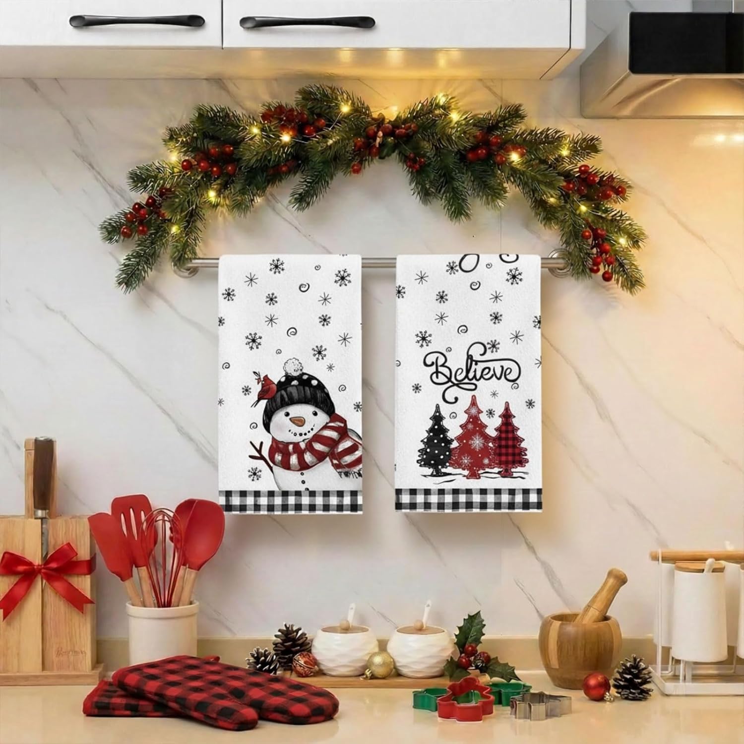 Black Red Xmas Tree Snowman Christmas Kitchen Towels Dish Towels Set of 2,Snowman Bird Believe Hand Towels 18x26 Inch Drying Dishcloth,Seasonal Winter Dish Towels for Kitchen Bathroom Home Decoration - Image 3