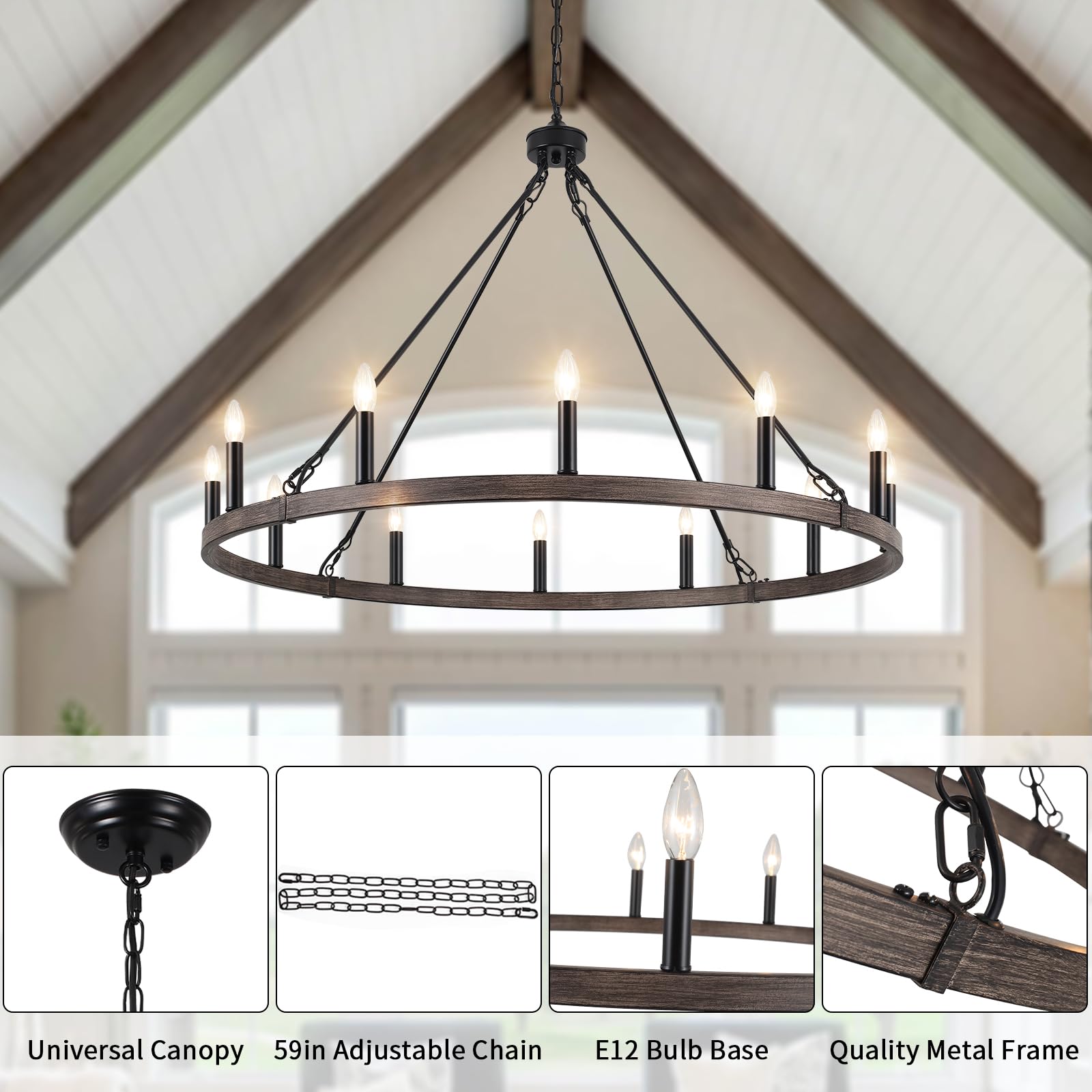ETONIMERR 38-Inch 12-Light Wagon Wheel Chandelier – Rustic Farmhouse Ceiling Light For Dining Room, Foyer, Kitchen & High Ceilings (Black)