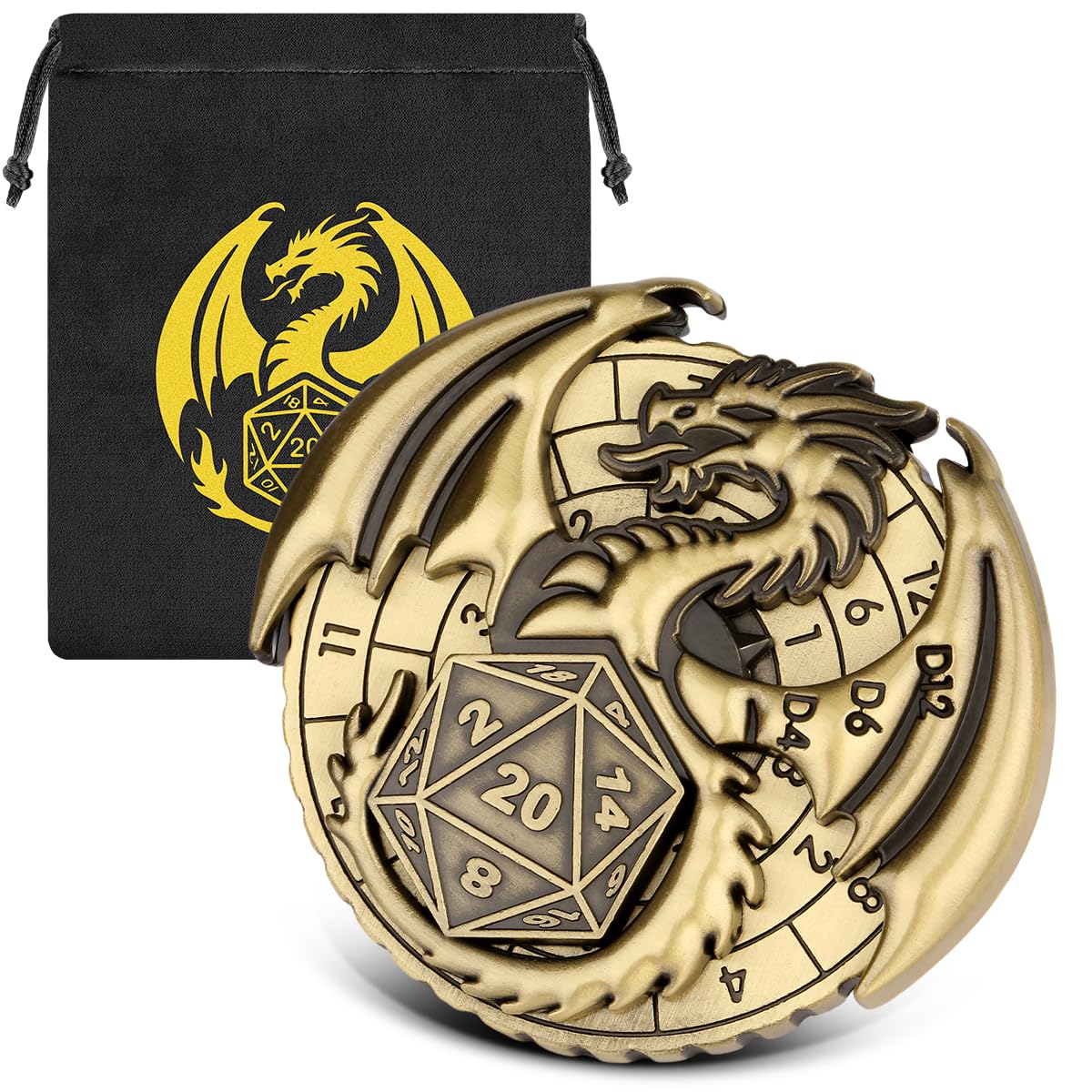 7-in-1 Flying Dragon Fingertip Gyro, DND Wheel Dice Spiner, DND Starter Set, 7-in-1 Metal D&D Dice Set, D&D Gifts with Dragon Logo Gift Bag, Tabletop Games, Role Playing Board Game Accessories, Bronze