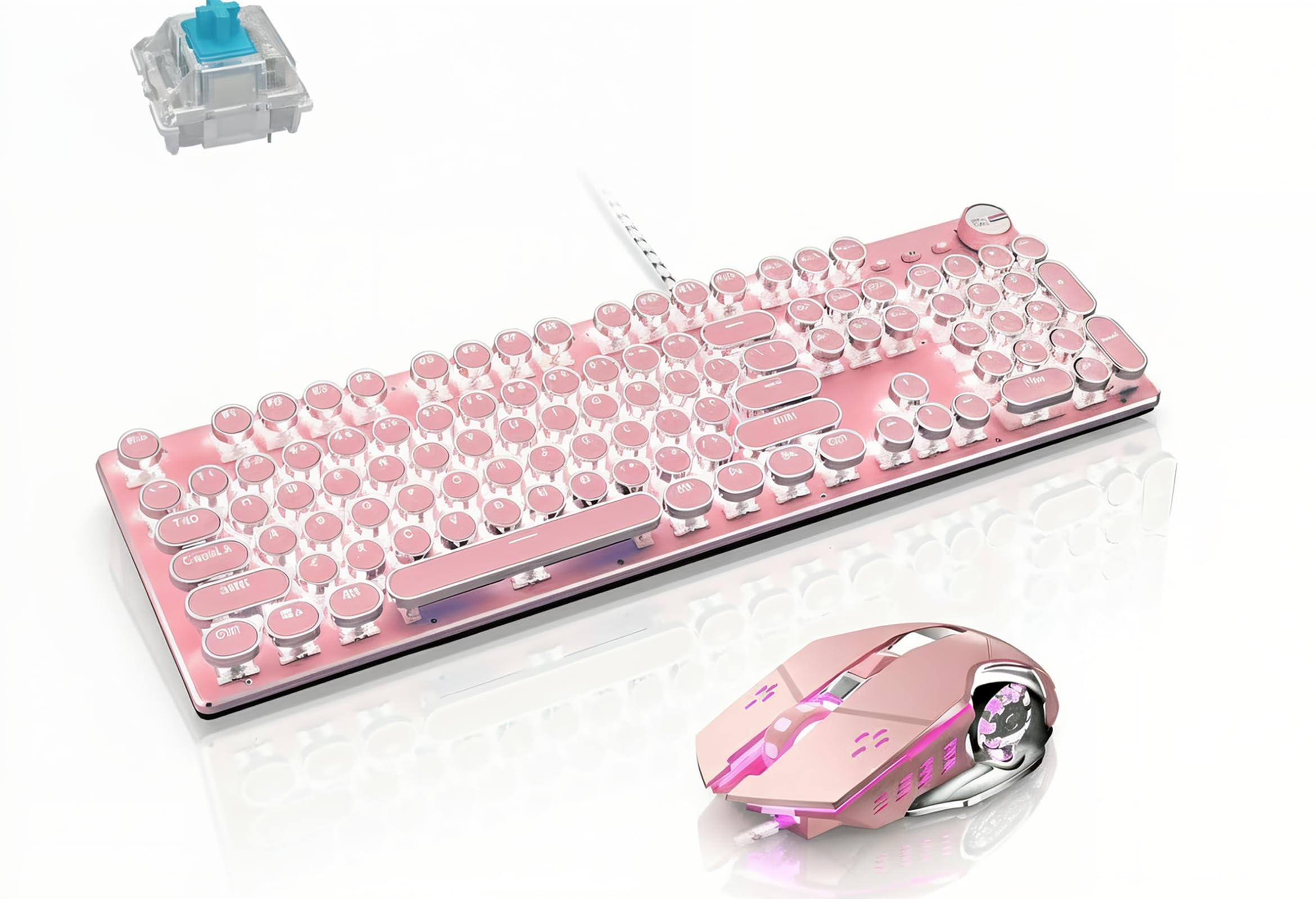 Mechanical Gaming Keyboard and Mouse Combo, Retro Steampunk Vintage Typewriter-Style Keyboard with LED Backlit, 104-Key Anti-Ghosting Blue Switch Wired USB Metal Panel Round Keycaps, Pink