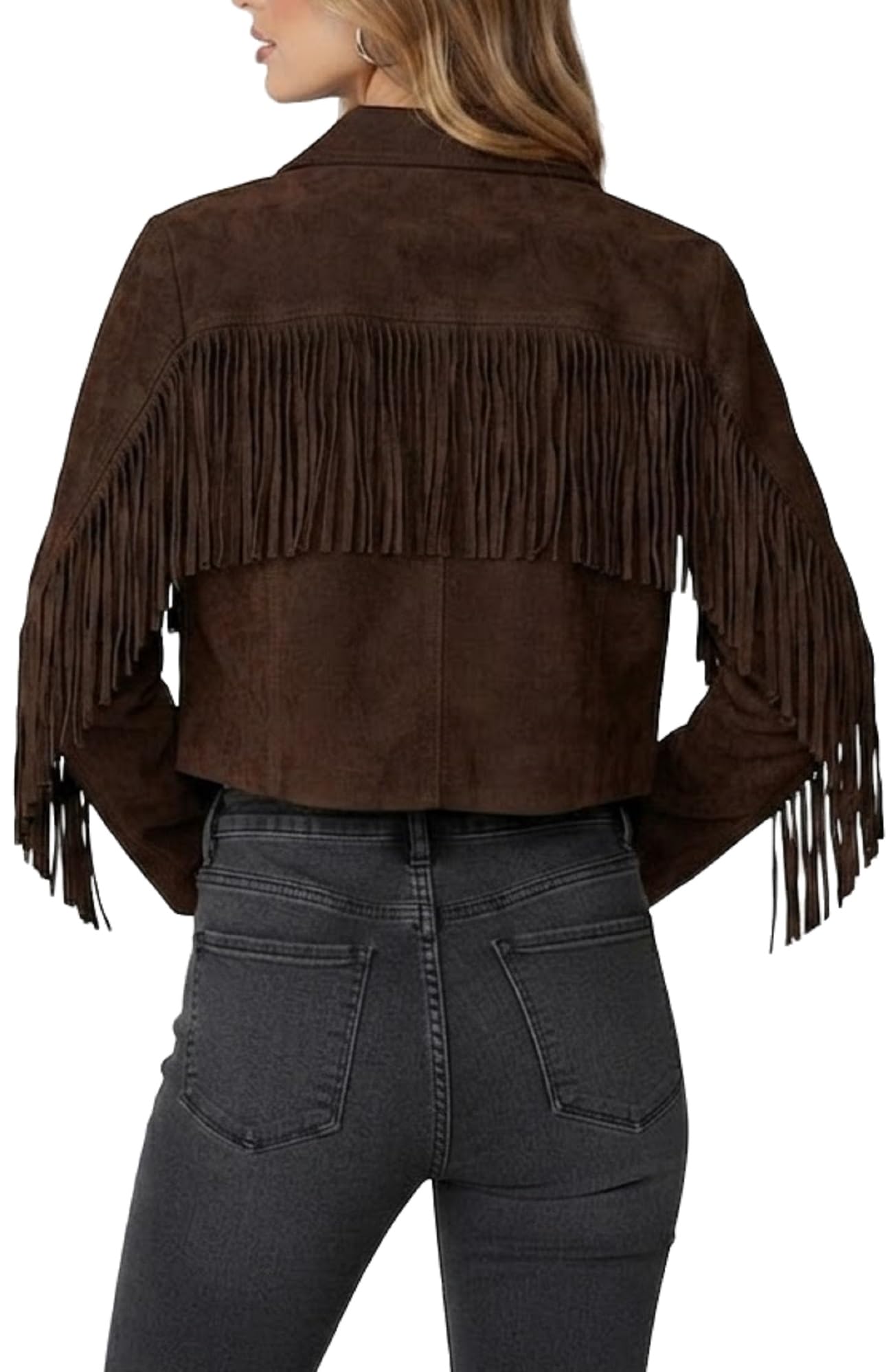Giacca in pelle scamosciata con frange marroni da donna - Cappotto corto in pelle da cowgirl occidentale