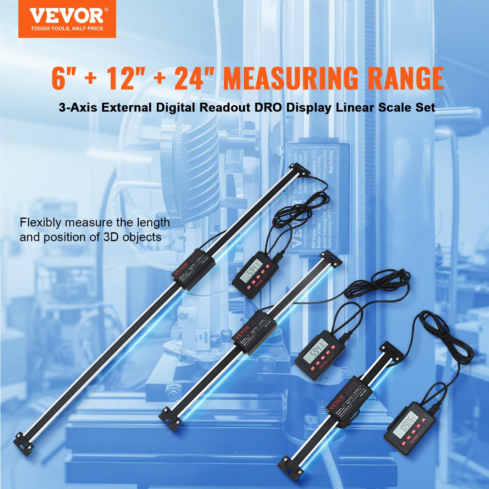 VEVOR Affichage numérique, 152,4, 304,8, 609,6 mm, échelle linéaire 3 axes DRO Kit d'affichage avec supports en forme de L supports en forme de Z plaques épaissies vis bouton