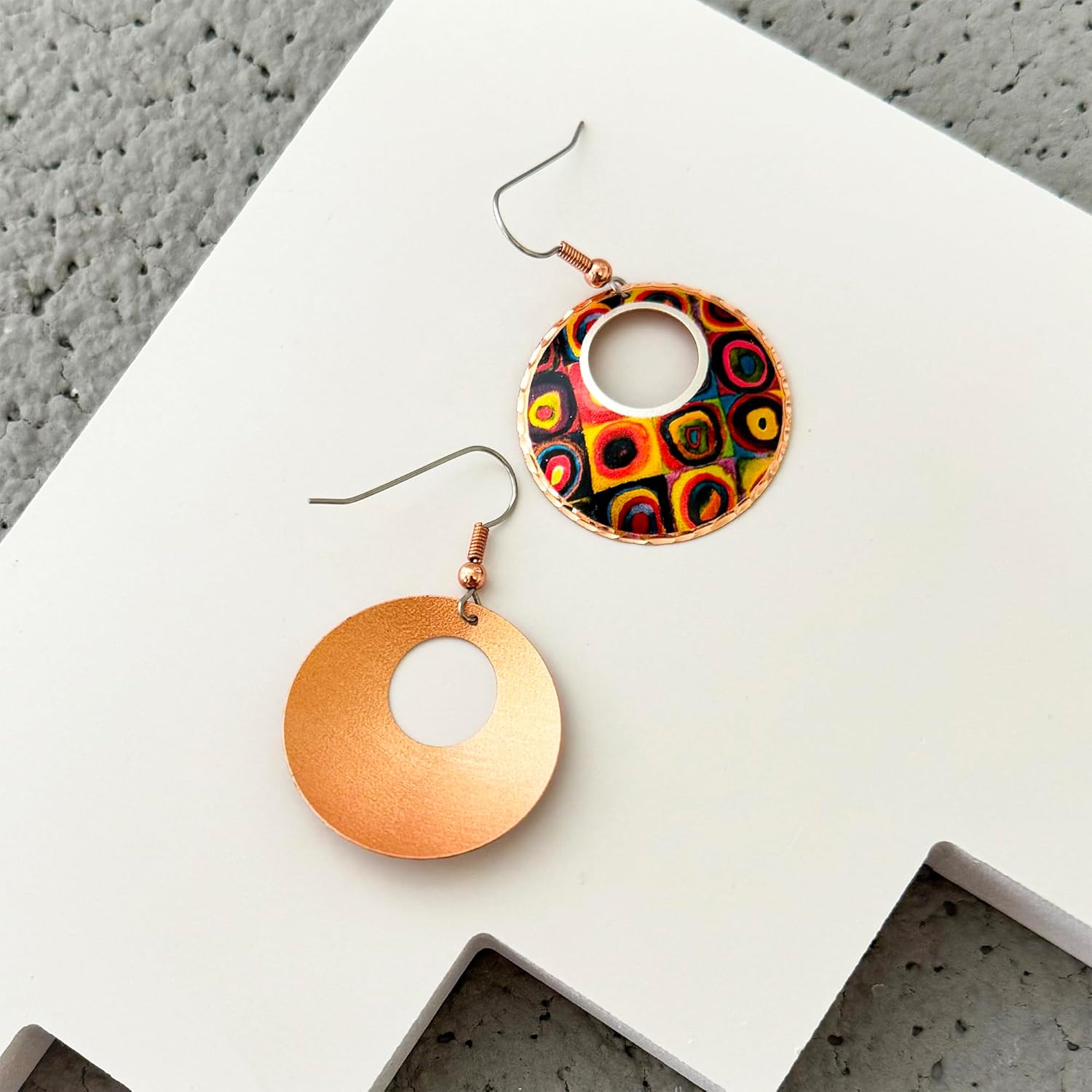 FRONT LINE JEWELRY Kandinsky Squares with Concentric Circles Earrings – Artisan Copper Handmade Hoop Earrings with Circular Off-Center Cutout, Abstract Art Jewelry for Women