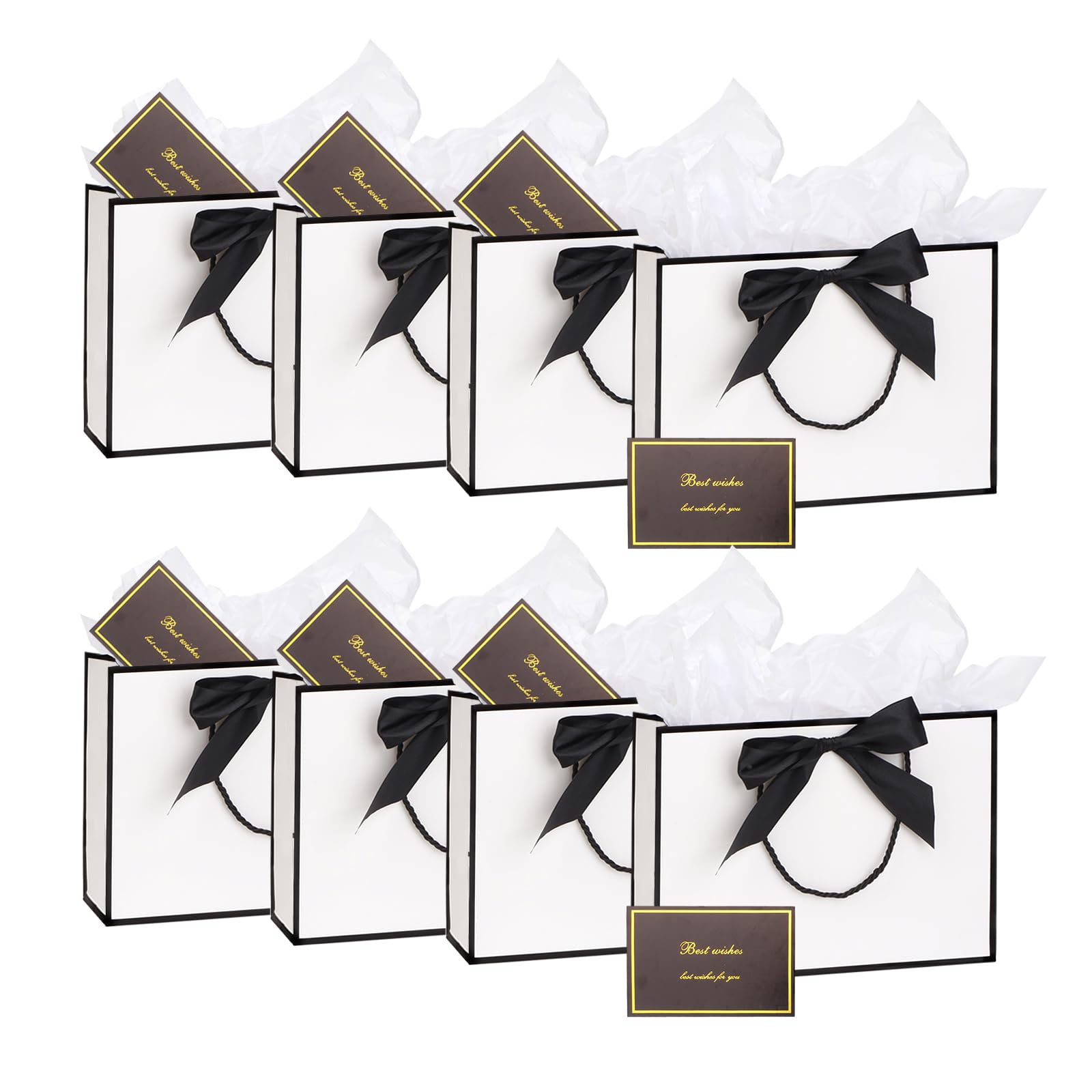 8Pack Medium Gift Bags with Handle,Bow Ribbon,Tissue and card, 20x28x10cm Thank You Favor Bag for Graduaction Wedding Bridal Birthday Party Baby Shower Valentine Retirement (White&Black)