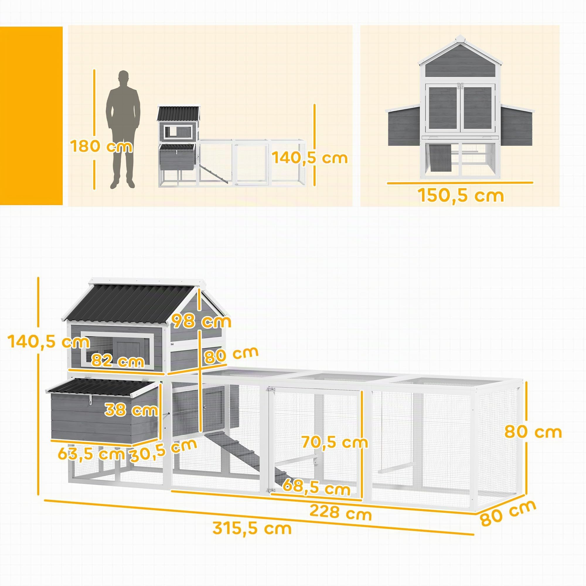 PawHut Gallinero Jaula para 10-15 Gallinas 315,5x150,5x140,5 cm Gris | para Exterior, de Madera, Grande, con Perchas, Columpio, Rampa, Bandeja Extraíble