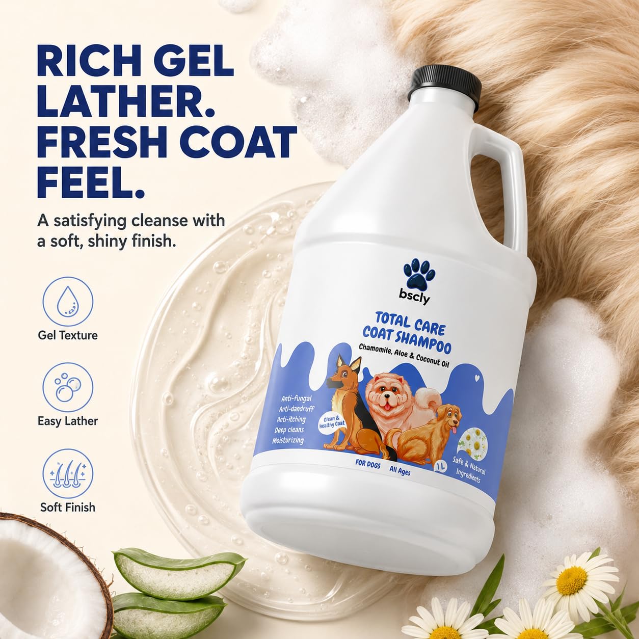 Bscly Total Care Dog Shampoo 1000ml | Anti Tick & Flea Shampoo for Dogs | Anti-Itch, Antifungal & Antibacterial Pet Shampoo | pH Balanced Puppy Safe Shampoo for Soft Shiny Coat 4
