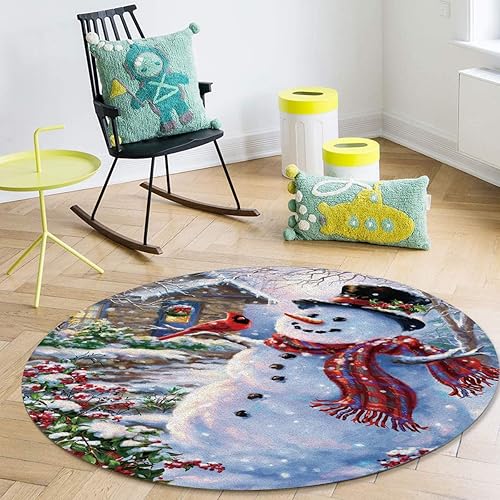 Miniatura 3 de Alfombra redonda con diseño de cardenales de muñeco de nieve, de 4 pies, tapete circular antideslizante para decoración de interiores y exteriores,