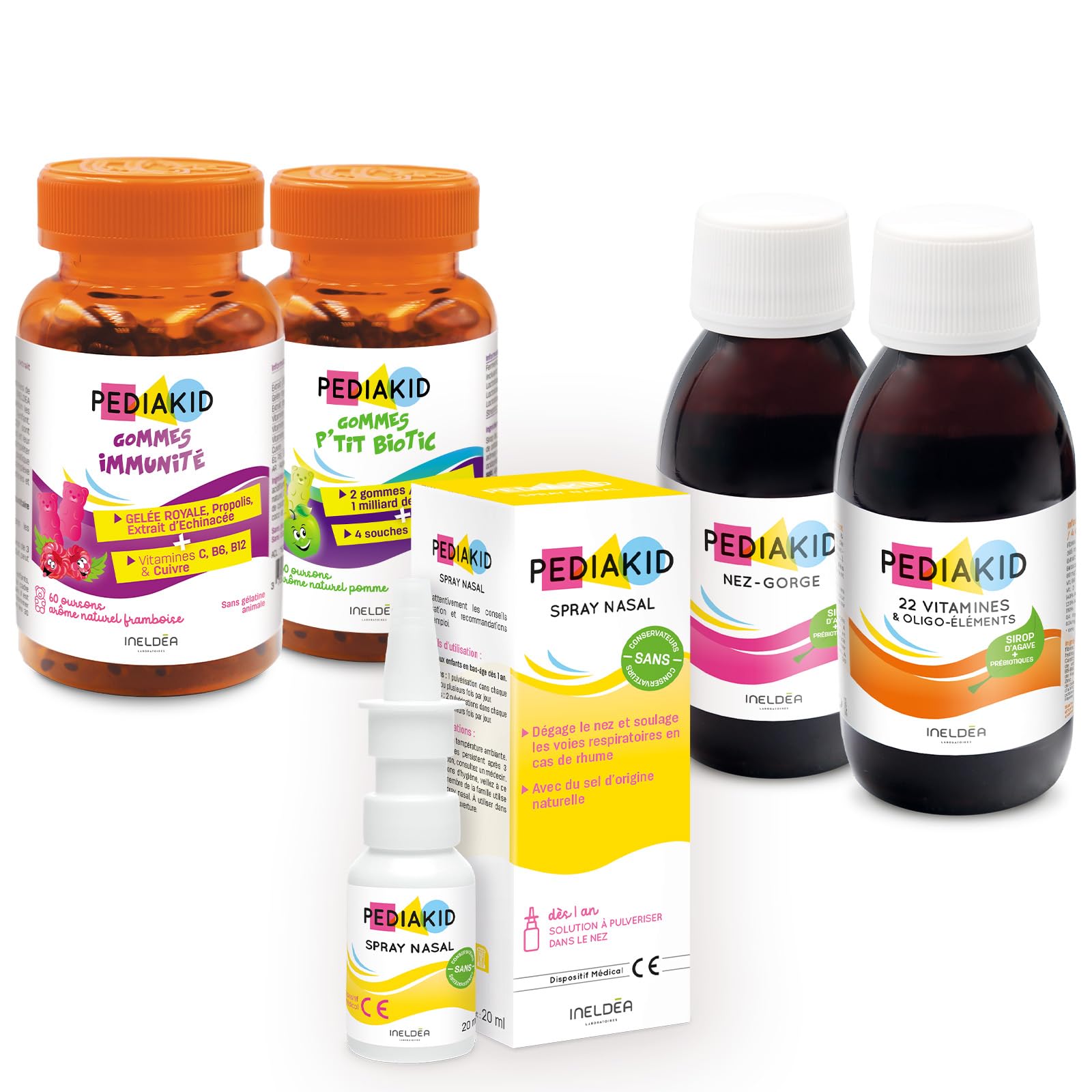 PEDIAKID - Pack Enfants Automne/​Hiver - PEDIAKID Sirop Nez-​Gorge + PEDIAKID 22 Vitamines & Oligo-​éléments + PEDIAKID spray Nez-​Gorge + PEDIAKID gommes immunité + PEDIAKID gommes P'tit Biotic