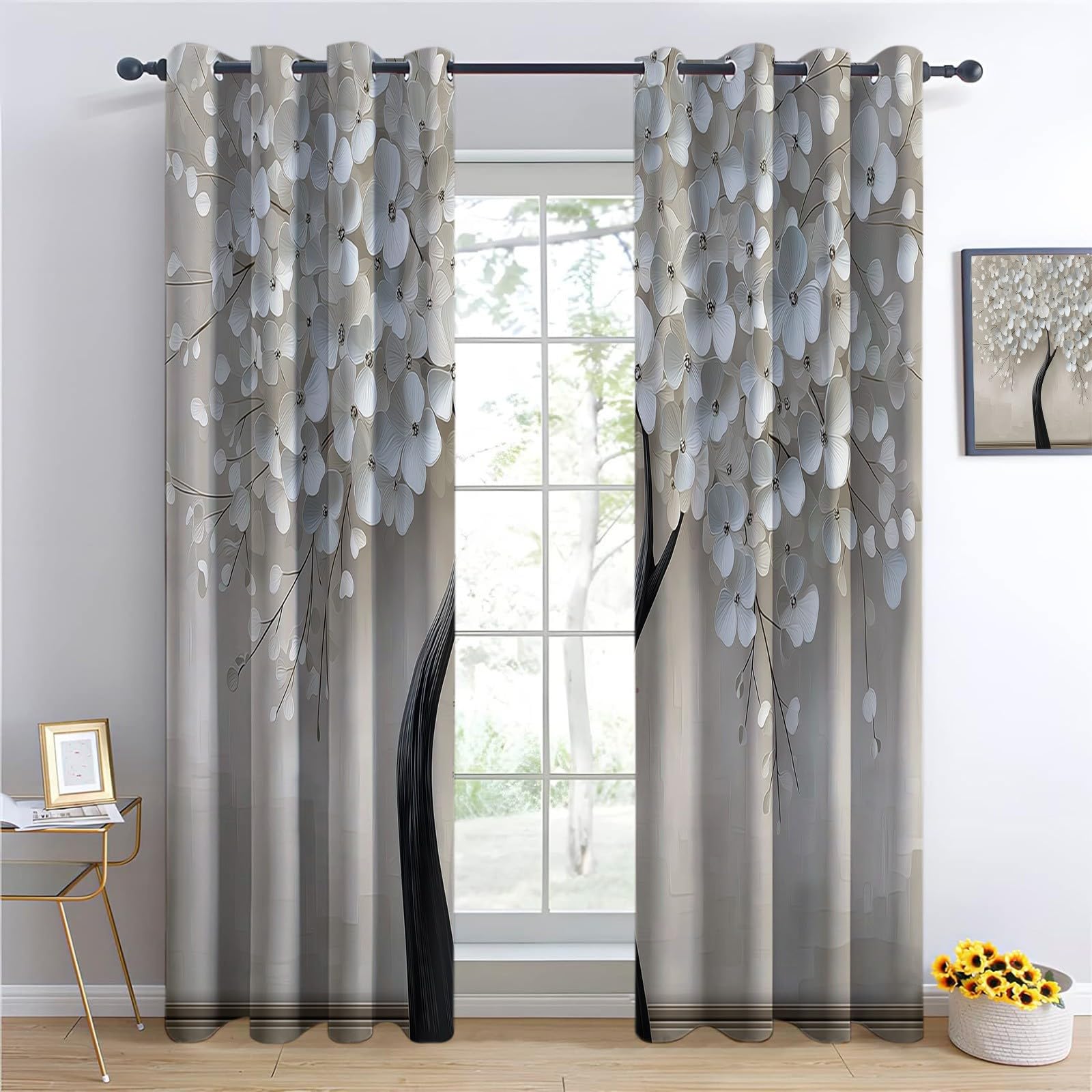 Générique Izolowane termicznie zasłony 140 L x 260 H cm, zestaw 2 zasłon 3D z motywem kwiatów, minimalizm, z przelotkami, redukcja hałasu, do sypialni i salonu, jasnobeżowe
