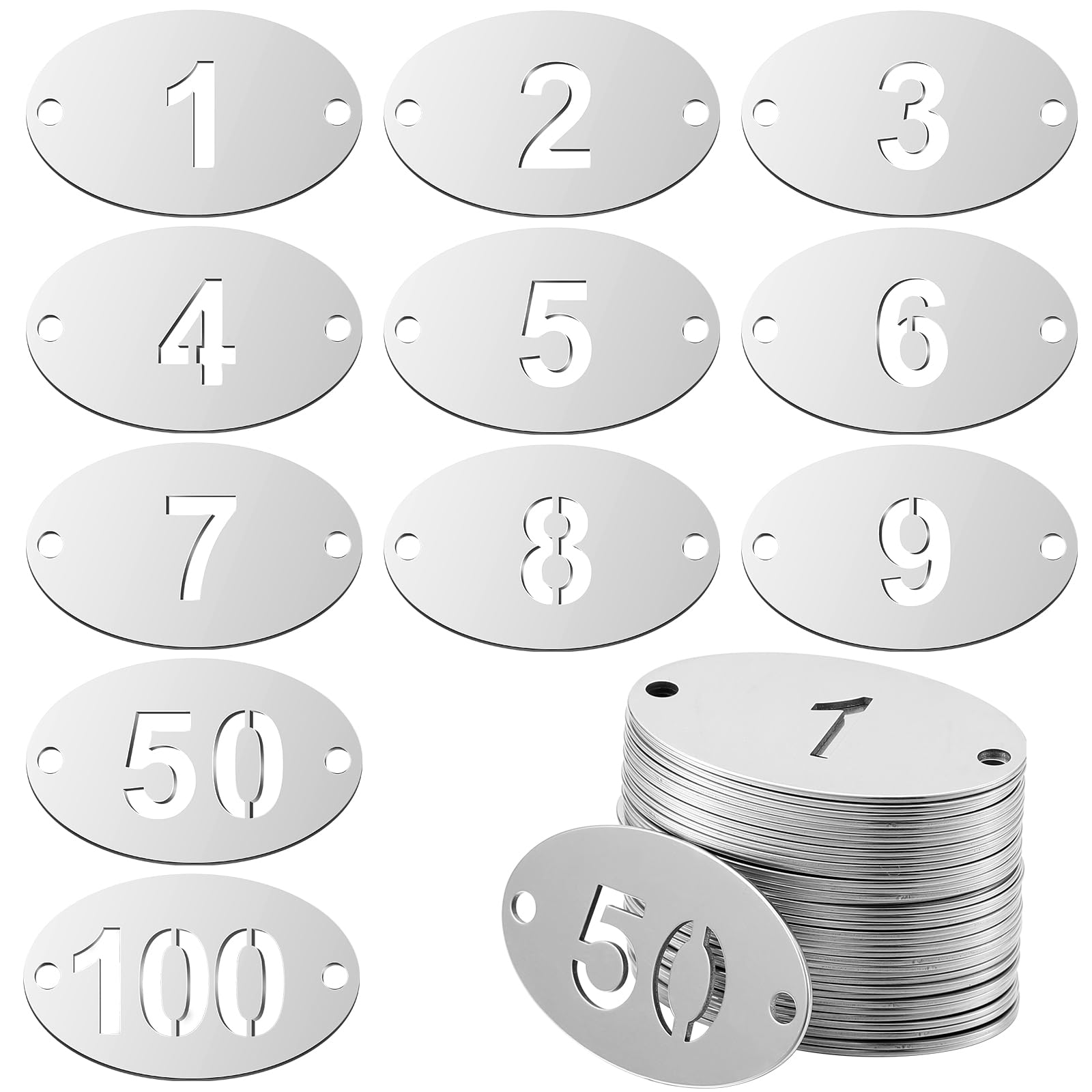 Hicarer 1-100 Numbered Tags 100 Pcs Oval Metal Tags Stainless Steel Number ID Key Tag with Holes for Hotel Dormitory Lockers(1.57 x 0.79 Inches)
