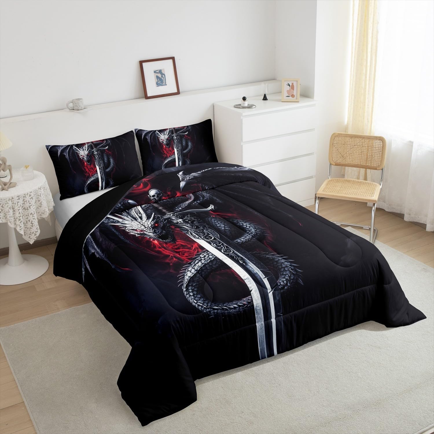 Castle Fairy Black Dragon Bedding Set Full Size,Dragon Sword Comforter Set 3Pcs for Kids Girls Boys Teens Room Decor,Western Magical Animals Quilt Set Ultra Soft Dark Red Duvet Insert,2 Pillowcases
