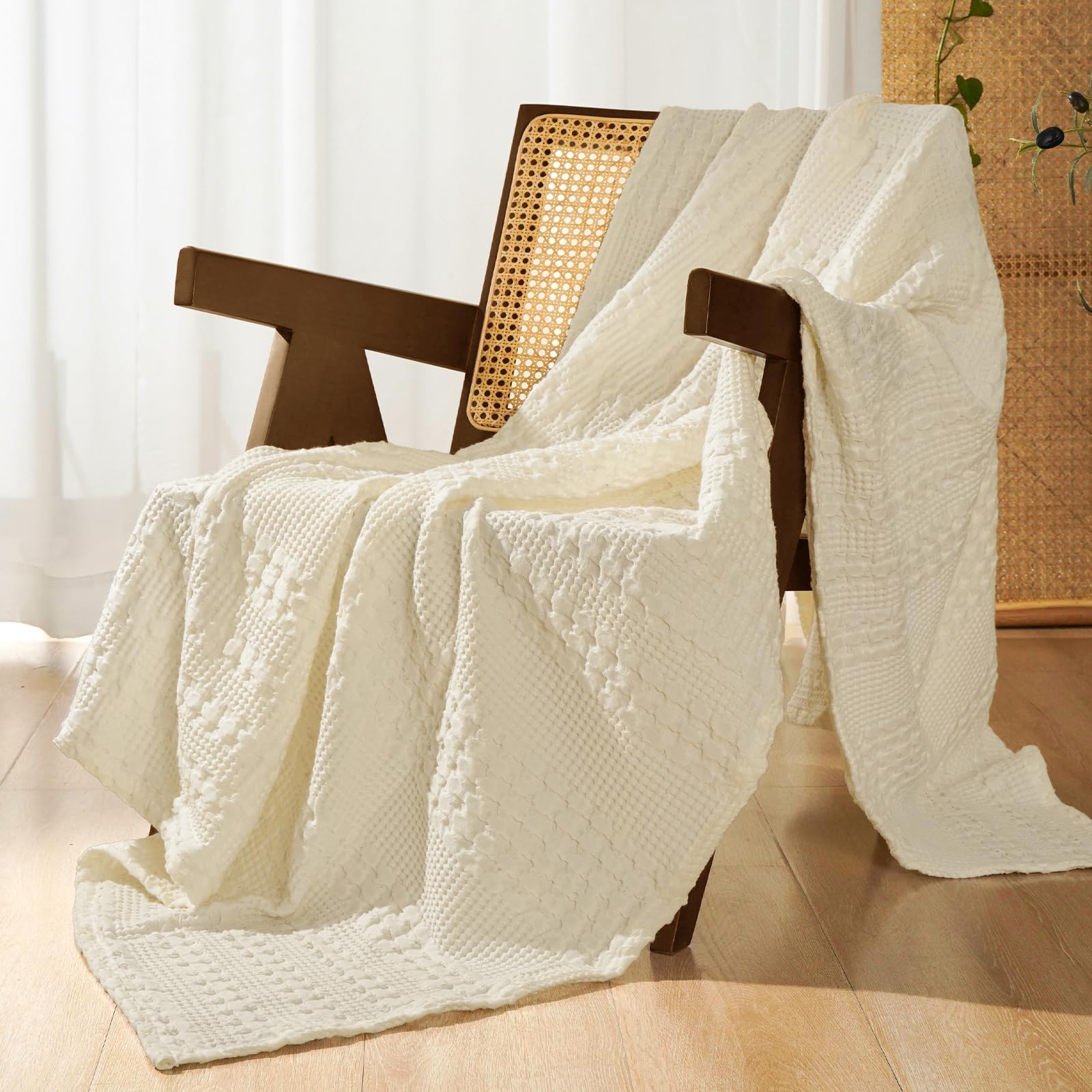 phf 100% cotton waffle weave throw blanket, soft lightweight breathable cozy throws for couch bed sofa, luxury aesthetic blanket gift for home decor & office, 50"x60", cannoli cream