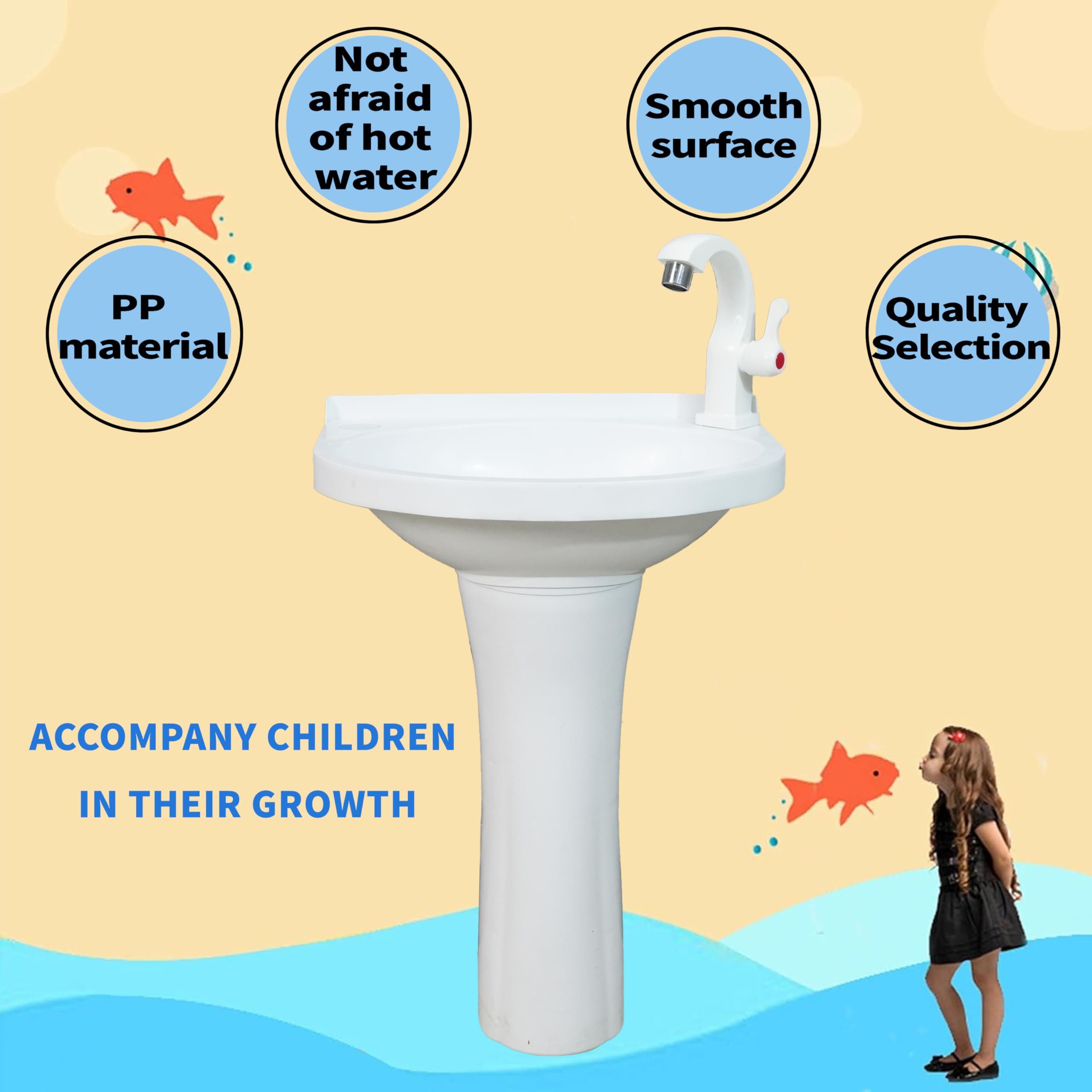 Évier sur pied en plastique pour tout-petits – Petit lavabo de salle de bain pour enfants – 40 x 28 x 53 cm – Installation sans perçage – Autocollant avec trou de robinet pour salle de bain – Colonne