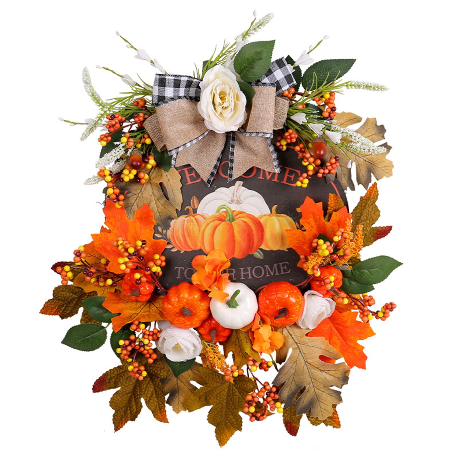 Kalttoy Christmas Front Door Wreath Artificial Maple Wreath Holiday Ornament with Pumpkins and Berries Pine Festive