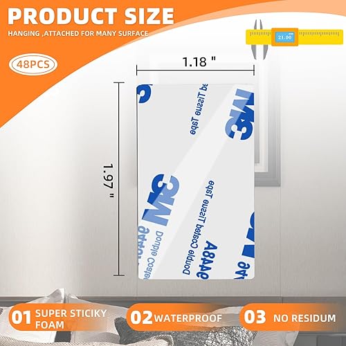 Miniatura 2 de Cinta de doble cara resistente, cinta de doble cara para paredes, 48 almohadillas adhesivas impermeables de 2 caras, 1.96 x 1.18 pulgadas, espuma