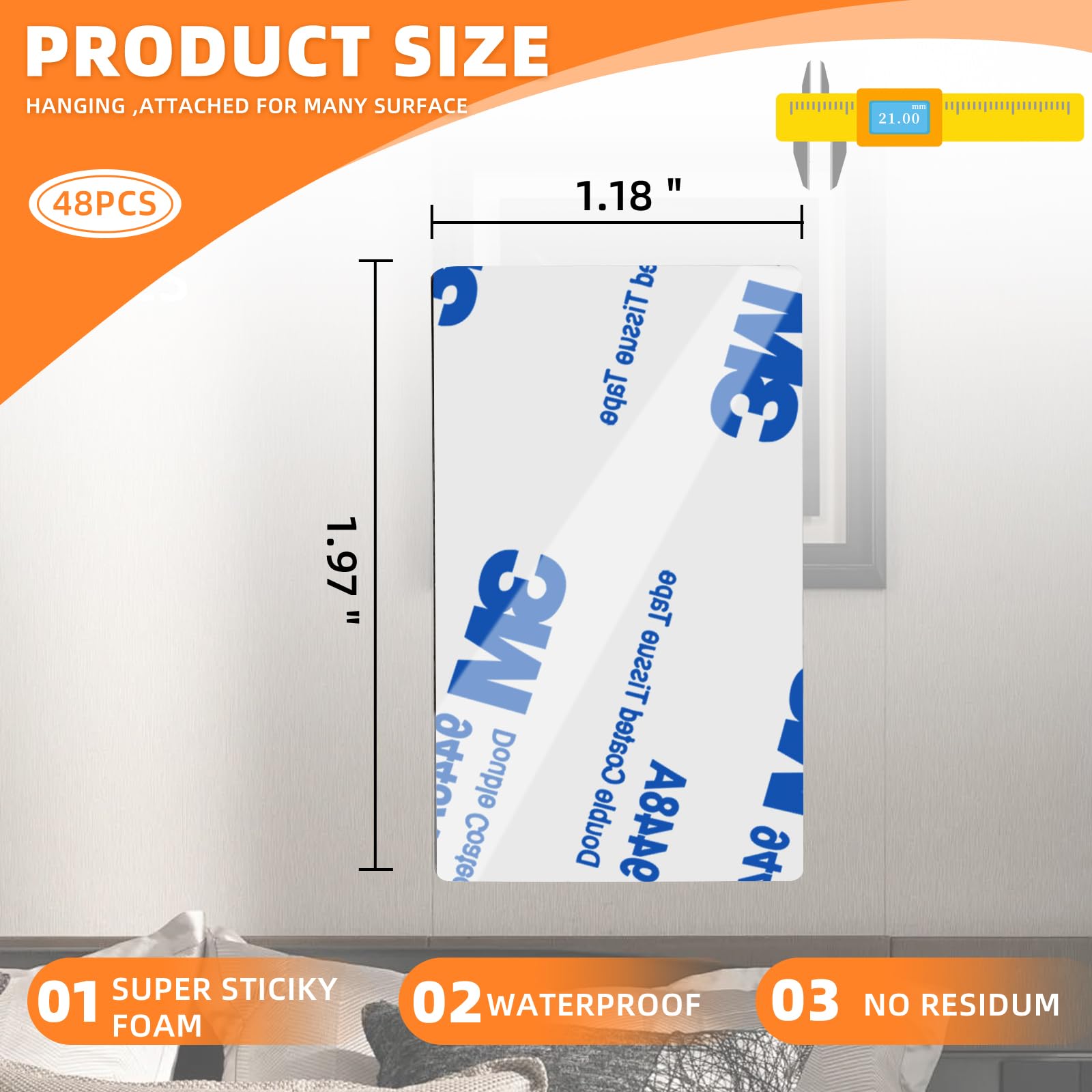 Double Sided Tape HeavyDuty Double Sided Tape for Walls 48Pcs 2 Sided Sticky Waterproof Pads 1 96 1 — view 2