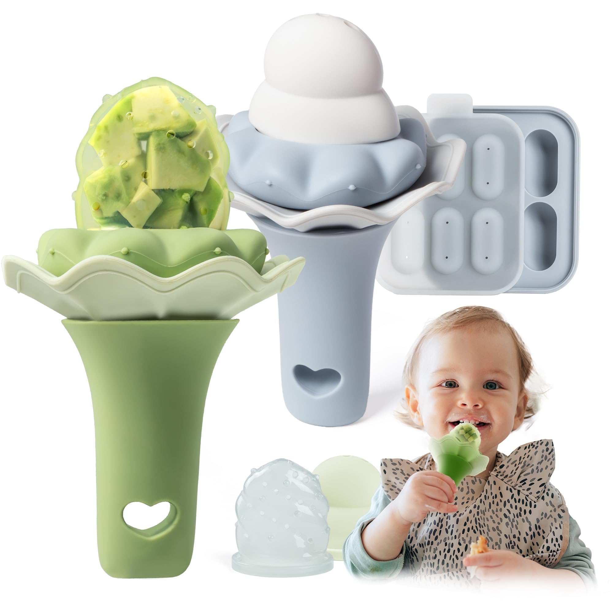 Moonkie Baby Fruit Feeder with Freezer Tray | BPA Free Silicone Baby Food Feeder with Two Sizes Pouches | Baby Shower Gifts | 4 Months+ Led Weaning, 2 Pack(Tarragon/Sky Blue)