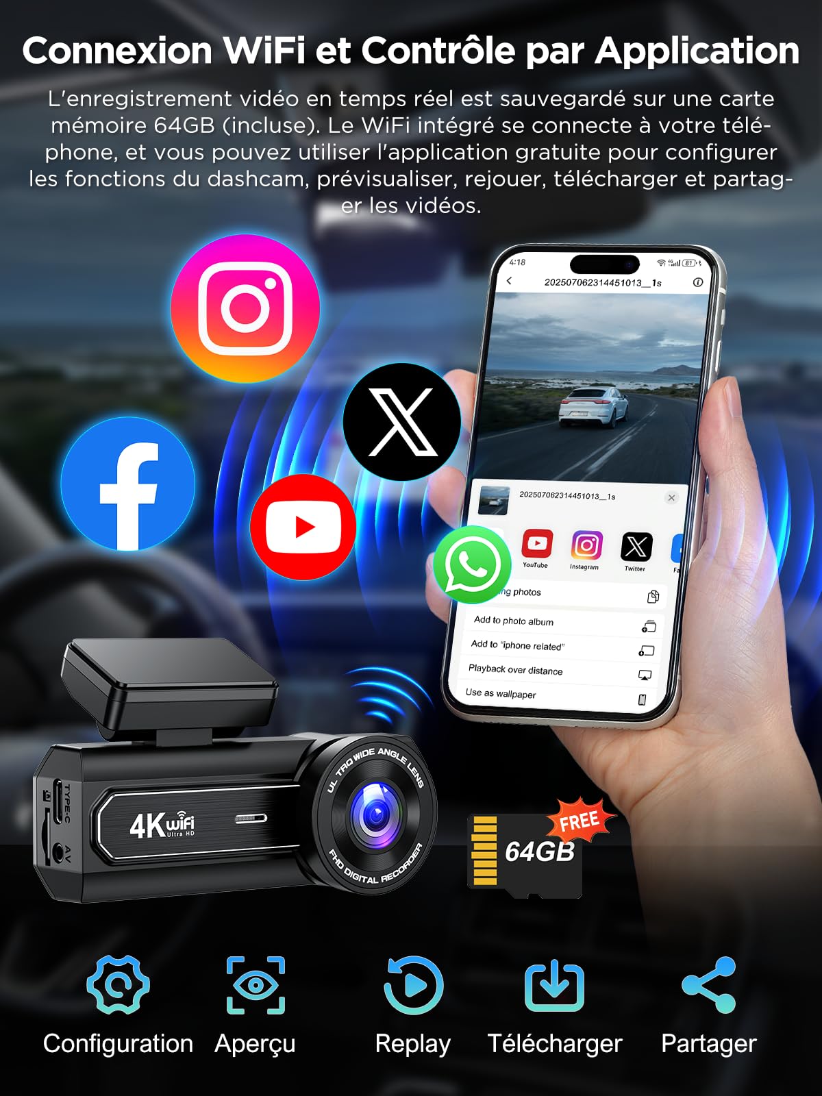Penemay Dashcam Voiture Avant Arrière, 4K+1080P Camera Voiture, Carte SD 64G, 2,99'' IPS WiFi Caméra Embarquée Voiture avec Vision Nocturne, WDR, Grand Angle 170°, G-Capteur (B-T006)