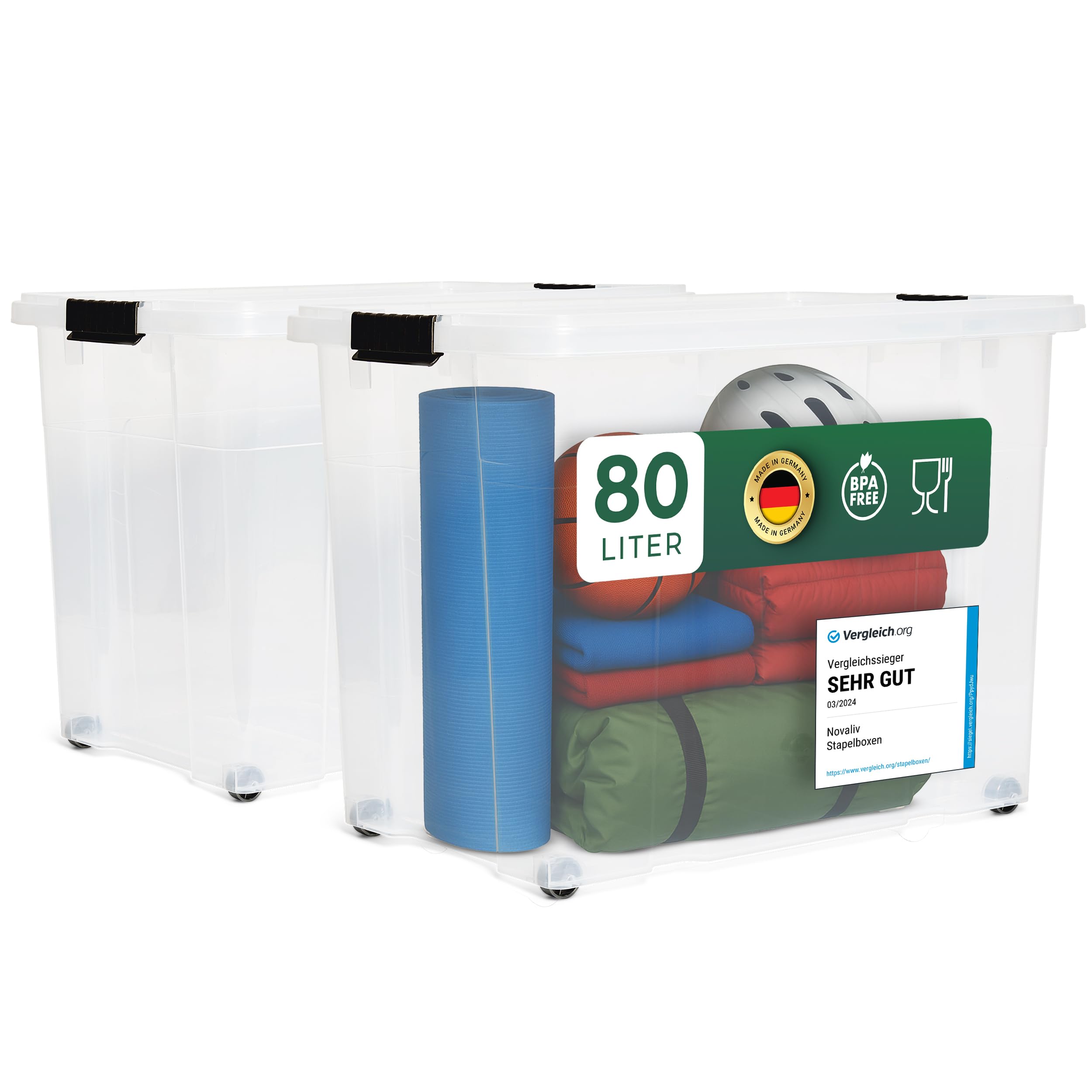 Novaliv 2 scatole portaoggetti con coperchio, grandi, 80 l, trasparenti, impilabili, con chiusura a clip, in plastica, senza BPA, 61 x 40 x 45 cm