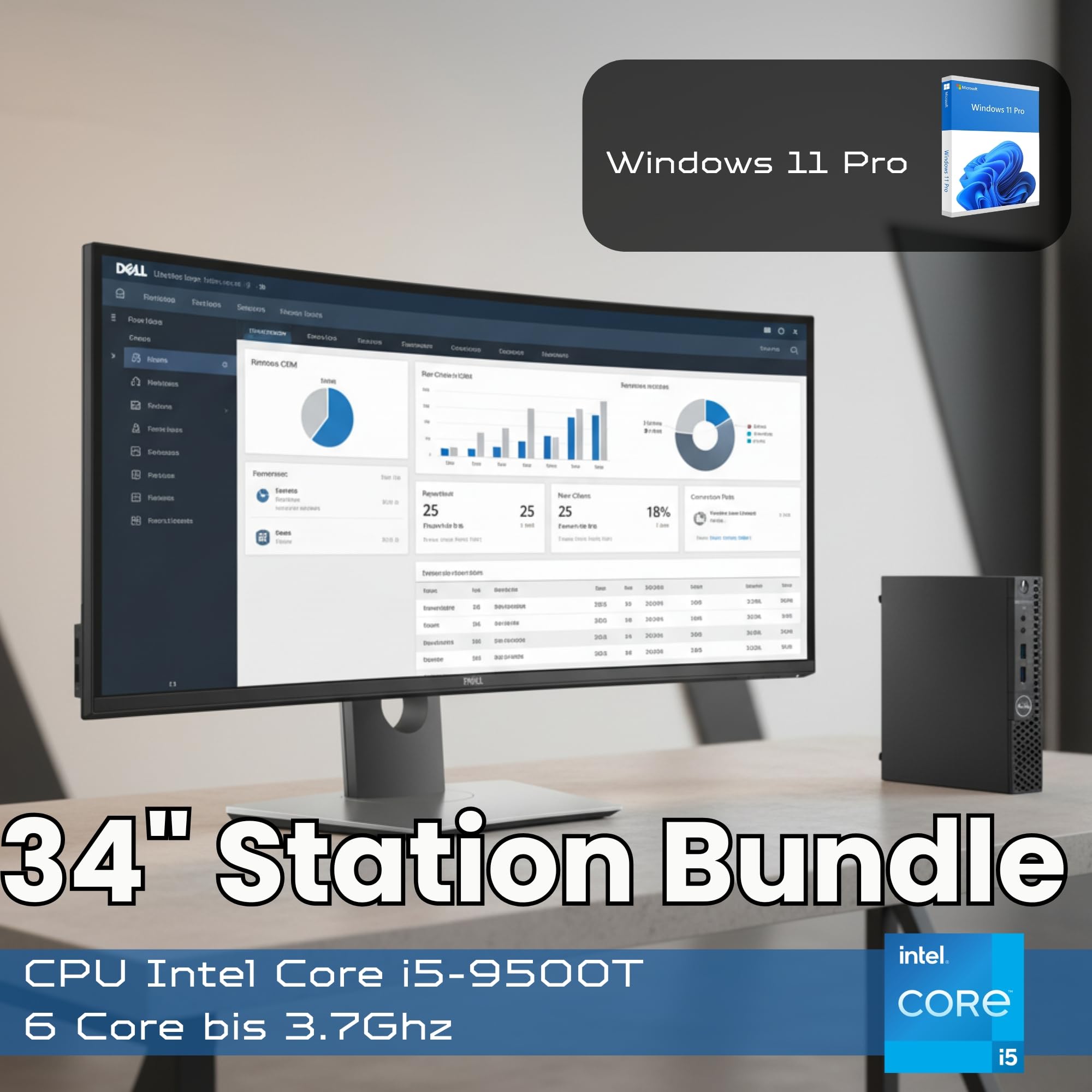 Generalüberholtes Business-PC-Bundle: Komplette Workstation (Mini-PC) + 34" UltraWide Curved Monitor WQHD 3440×1440 IPS | 16 GB RAM | 512 GB NVMe SSD | Windows 11 Pro | 36 Monate Garantie