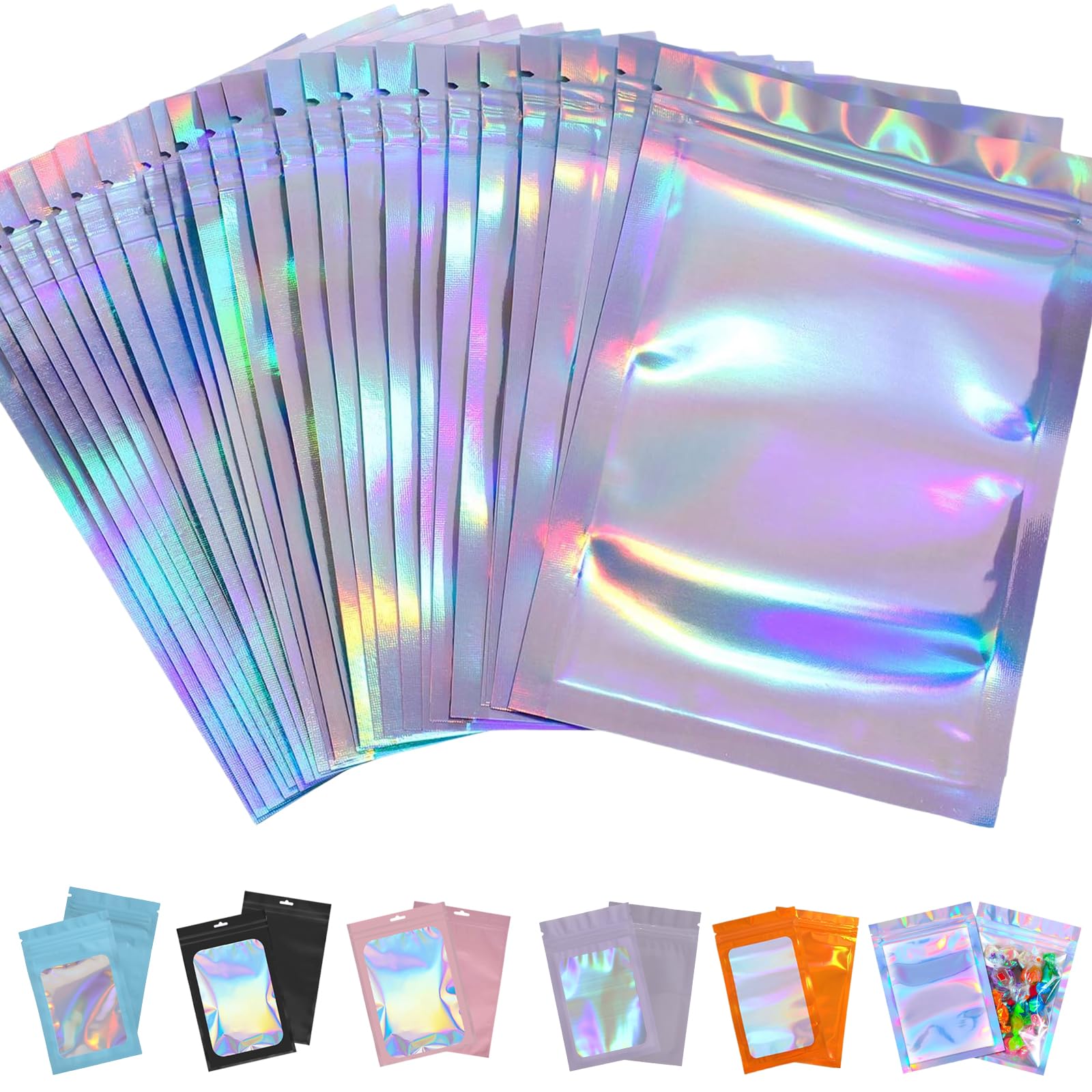 Posoto Holographic 60Pcs Mylar Bags 10.5X15cm,Foil Smell Proof Resealable Ziplock Bags,Small Sample Pouches For Lipgloss,Jewelry,Eyelash, Gift Packaging