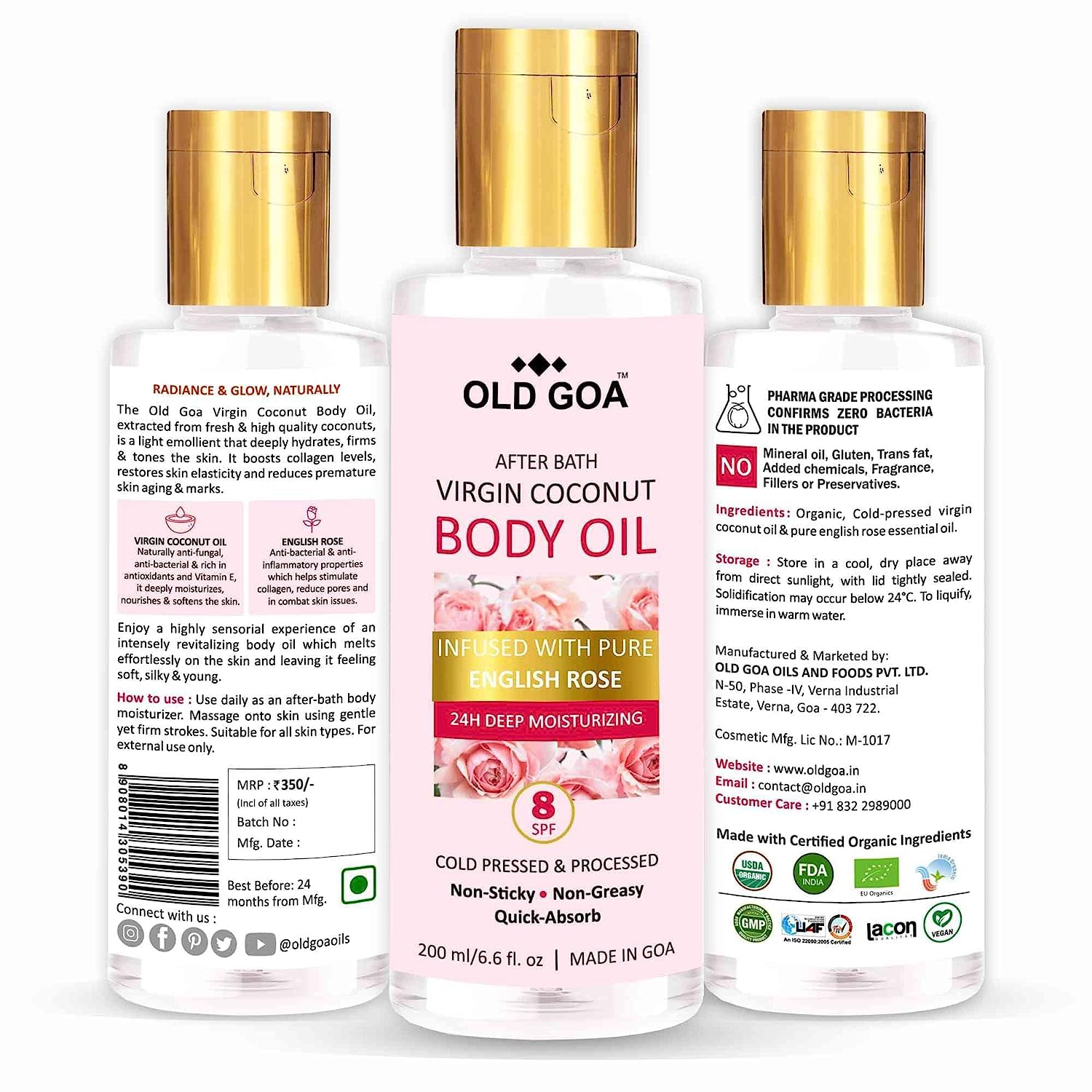 OLDGOA English Rose Body Oil For Women | Dry Skin Moisturizer & Hydrating Body Massage Oil, For Radiant & Healthy Looking Glow, Nourishing Bath Oil for Sheer Moisture- 6.76 Fl. Oz