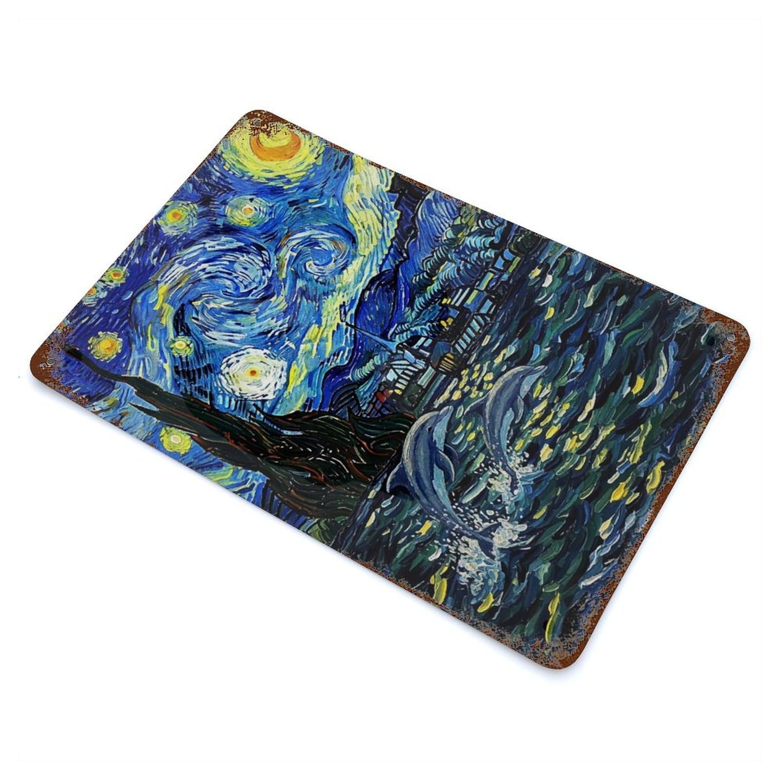 Garage Style Starry Night Dolphins Painting Rust Effect Tin Sign 11.8"x7.9", Industrial Home Decor for Bar And Workshop