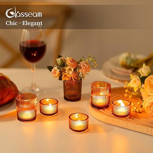 Miniatura 4 de Portavelas votivas de cristal para velas Glasseam Amber Tea Candelabros Juego de 8 pequeños soportes votivos acanalados para centro de mesa,