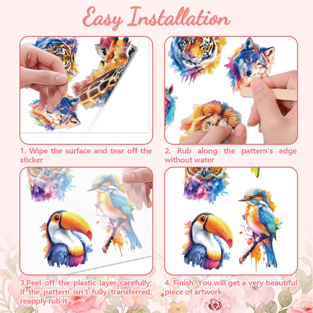 Peacoblue Rub on Transfer Decals for Furniture Crafts Decor Colorful Animals 6"x12" - Image 3