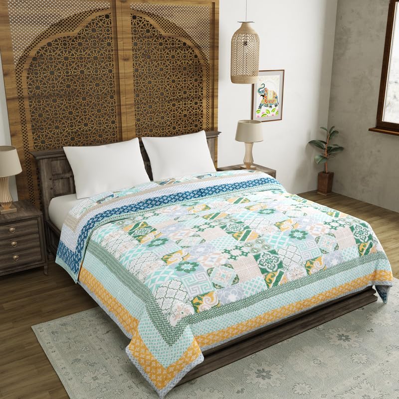 Image of BLOCKS OF INDIA Hand Block Printed Cotton King Size Quilt /Rajai (90 Inch X 108 Inch Blue CHOKDI) Skin Friendly, 300 TC