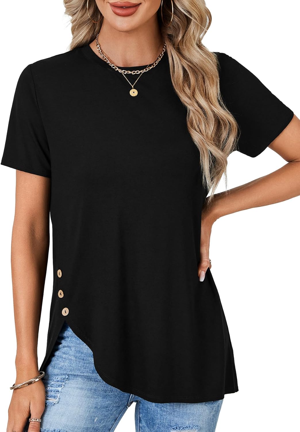 LYANER Women's Casual Short Sleeve Round Neck Shirts Side Split Basic Loose Tunic Tops - Image 2