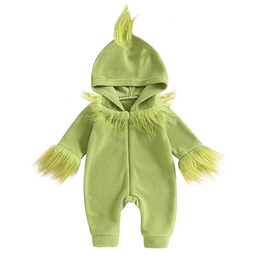 Eadrioss Baby Christmas Outfit Green Monster Infant Boy Girl Christmas Costume Jumpsuit Onesie Fuzzy Clothes Christmas Gift (Greench Monster, 6-12 Months)