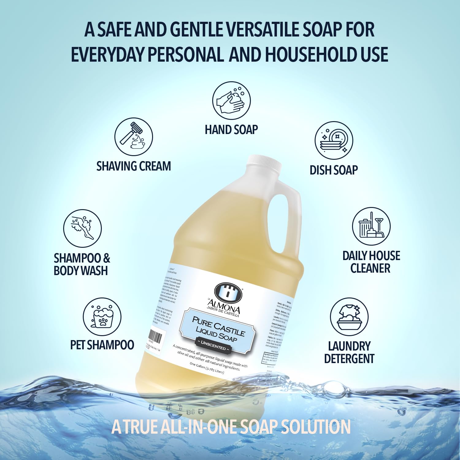 Pure Castile Liquid Soap, UNSCENTED, 1 Gallon - Multipurpose: Hands, Face, Body, Laundry, Dishes & More - For Sensitive Skin, All-Natural Ingredients, Fragrance Free - Image 5